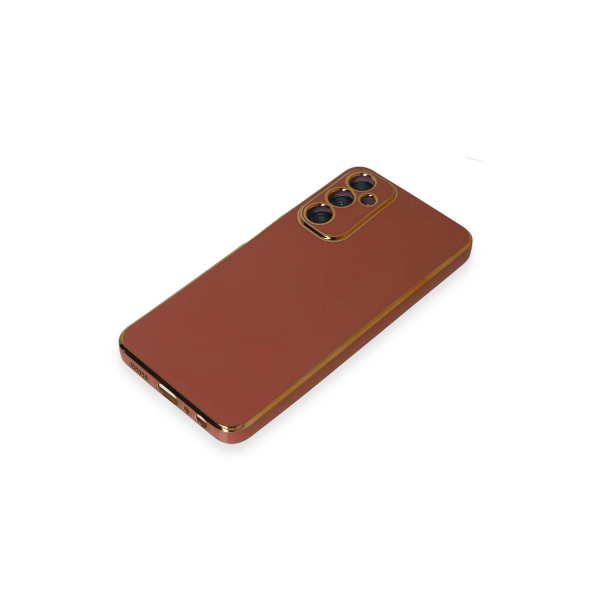 Altın çerçeveli, beyaz arka planlı kahverengi telefon kılıfı, kamera açıklığı.
