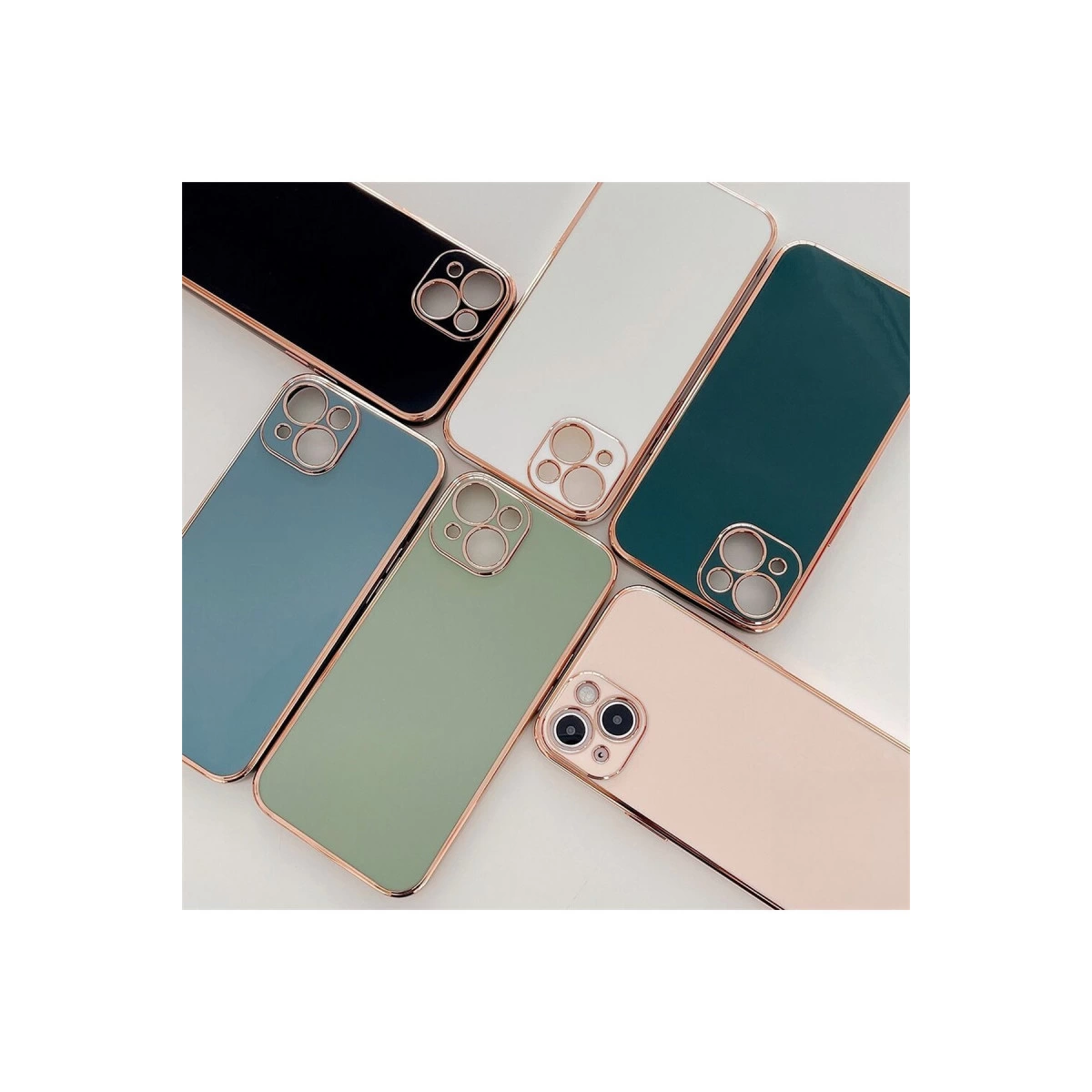 Siyah, beyaz, yeşil, mavi, mint ve rose gold renklerde altı telefon kılıfı.