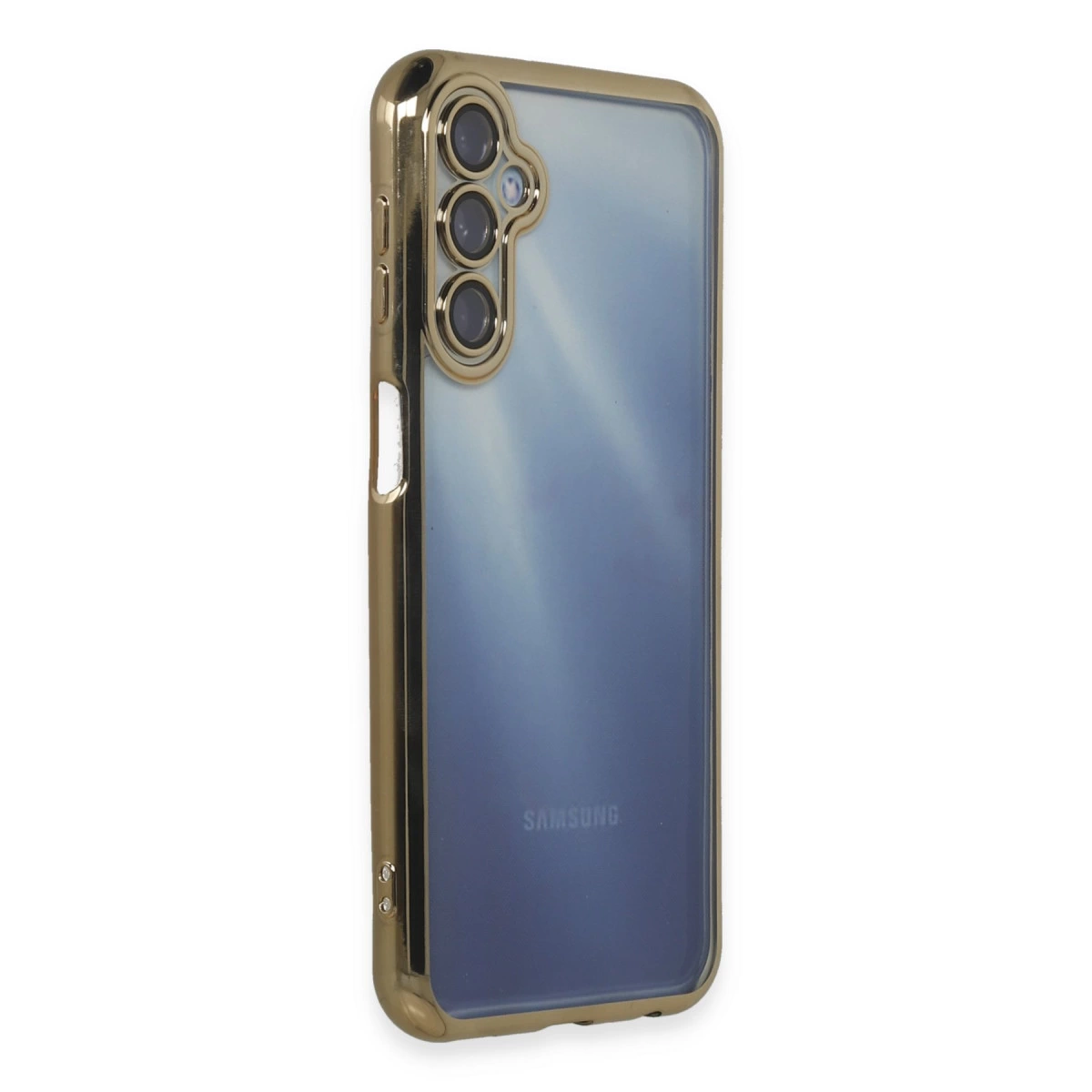 Arkada üç kamerası olan altın rengi telefon kılıfı.