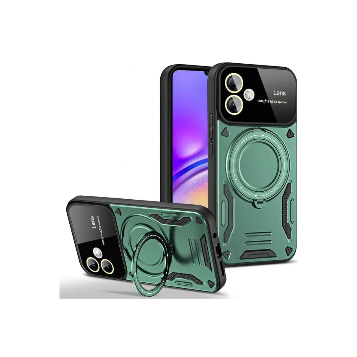 Halka tutuculu ve kamera korumalı iki yeşil telefon kılıfı. Biri önde.