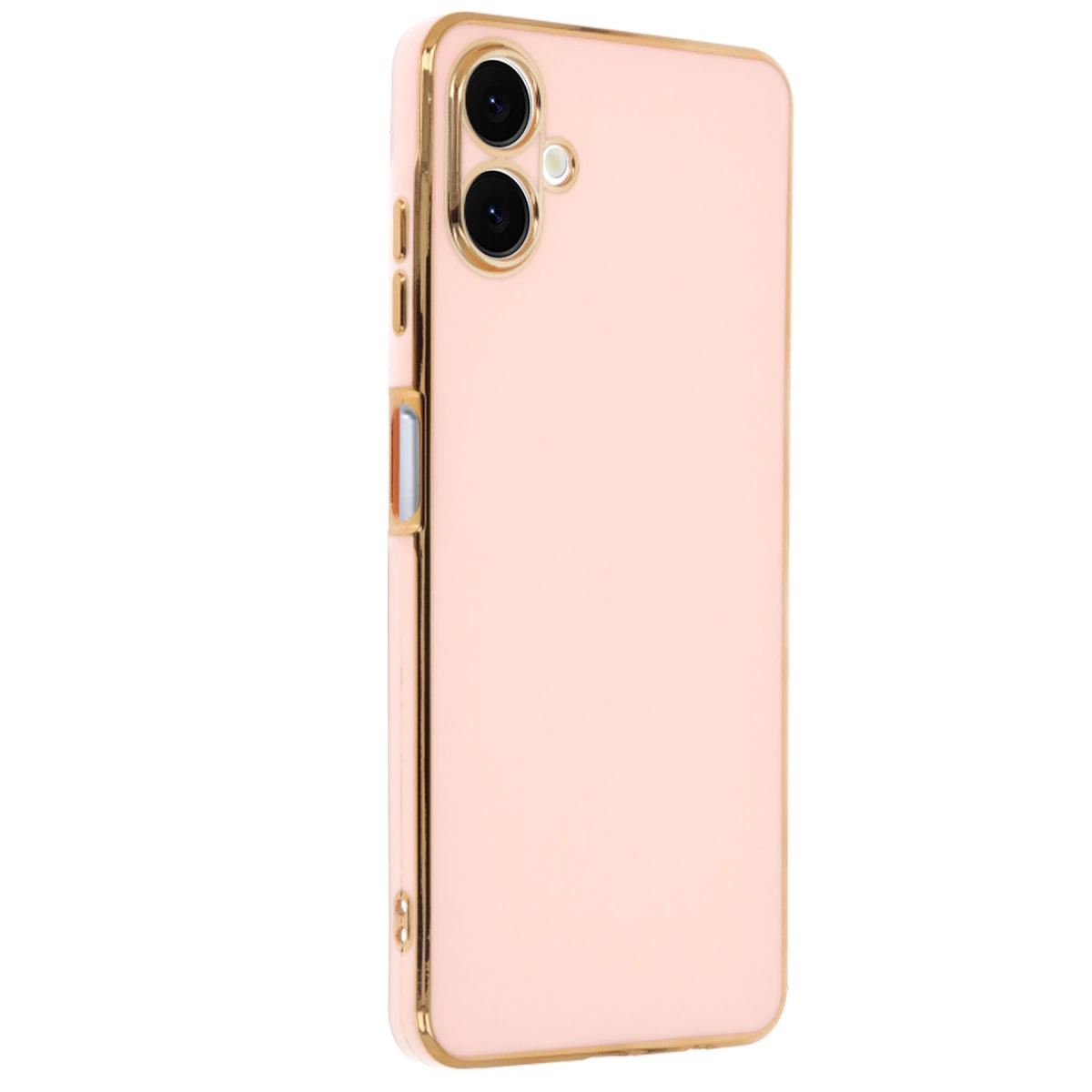 Altın kenarlı, çift kamera açıklığına sahip açık pembe telefon kılıfı.