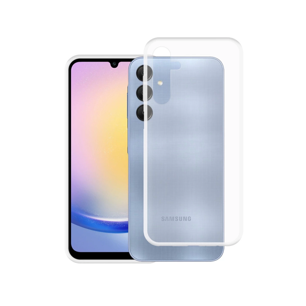 Şeffaf koruyucu kılıflı açık mavi bir akıllı telefon. Samsung logosu görünür.