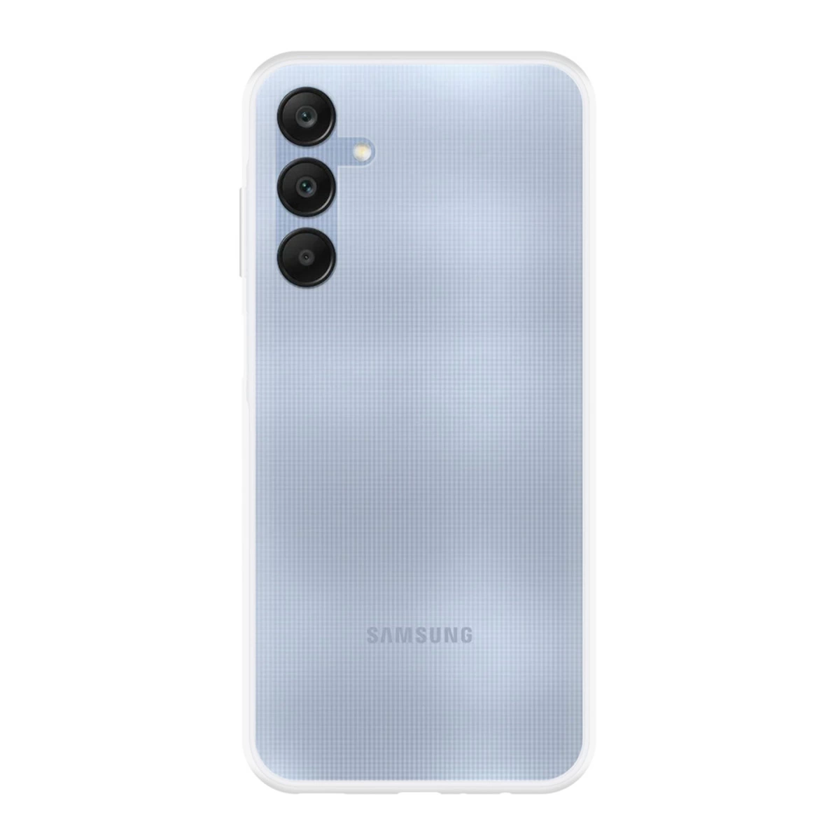 Üç kameralı ve flaşlı açık mavi Samsung akıllı telefonun arka yüzü.
