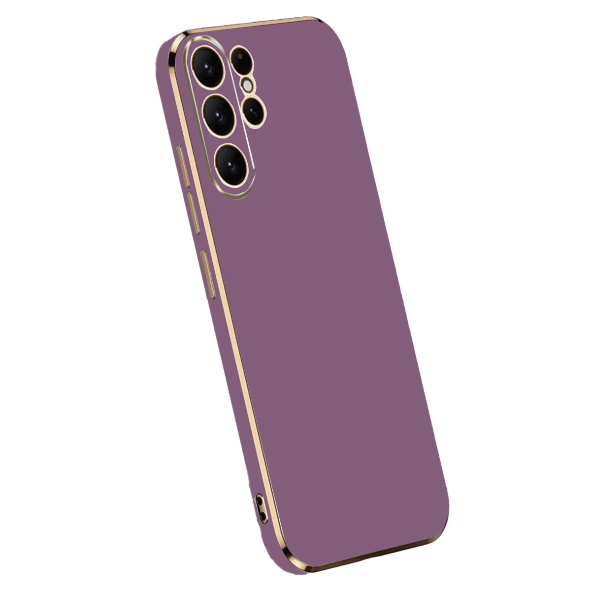 Kameralı ve altın kenarlı mor telefon kılıfı.