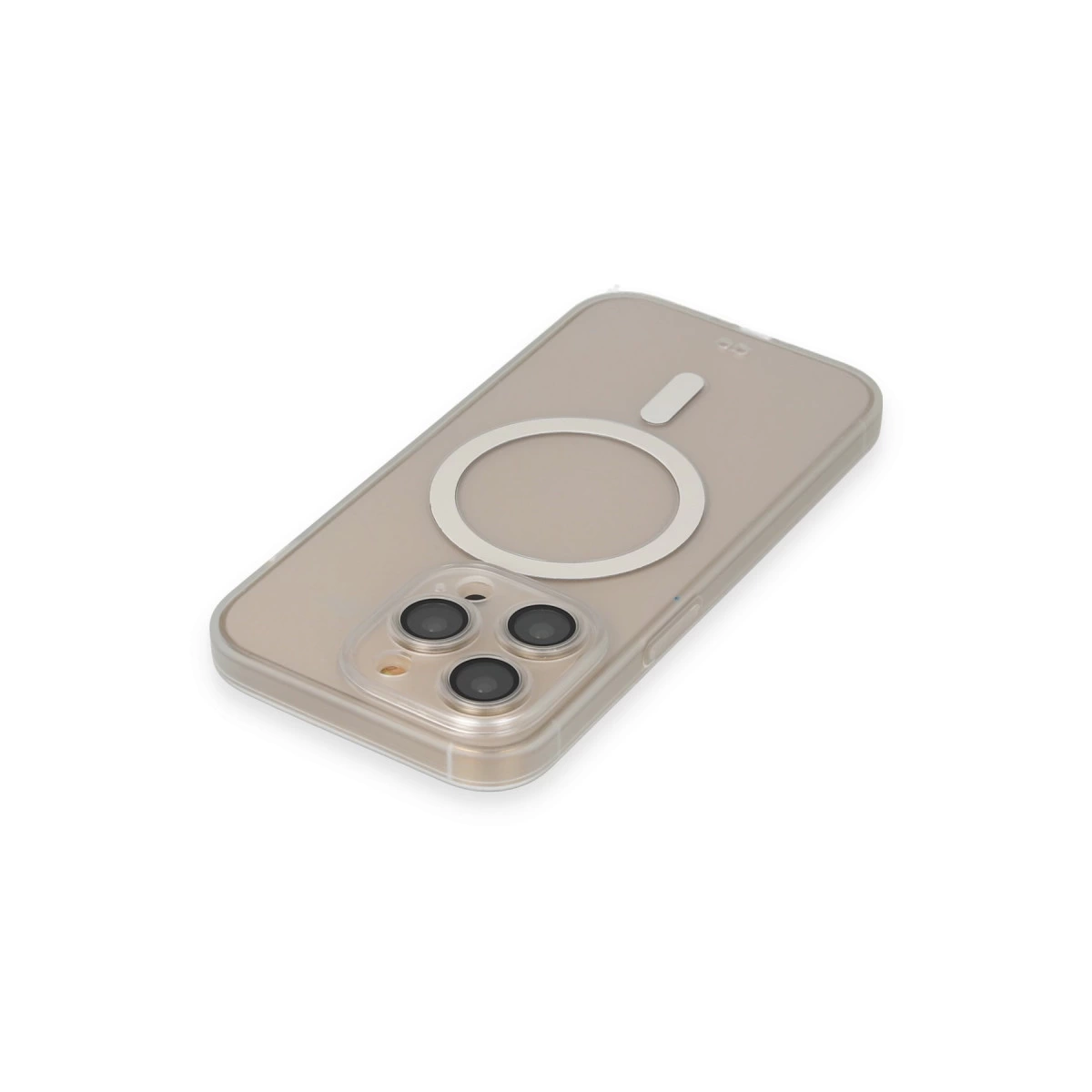 Üç kameralı ve manyetik halkalı şeffaf telefon kılıfı.