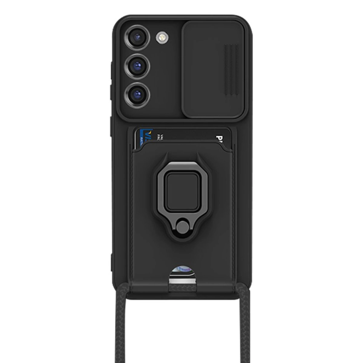 Kamera kapaklı, kart yuvalı, halka tutuculu siyah telefon kılıfı.