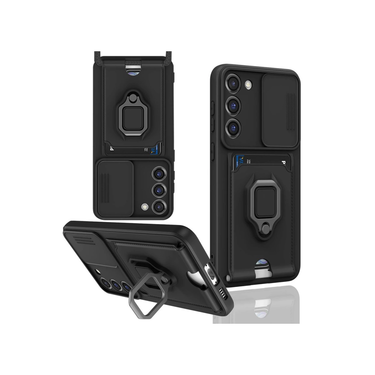 Kamera kapaklı, kart tutuculu ve halka stantlı siyah telefon kılıfı.