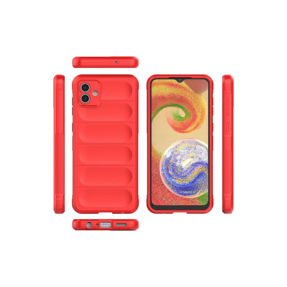 Yatay çıkıntılı kırmızı telefon kılıfı, farklı açılardan gösteriliyor.