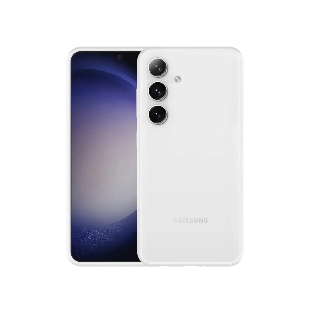 Arkada üç kamerası olan beyaz bir Samsung akıllı telefon, beyaz arka plan üzerinde gösteriliyor.