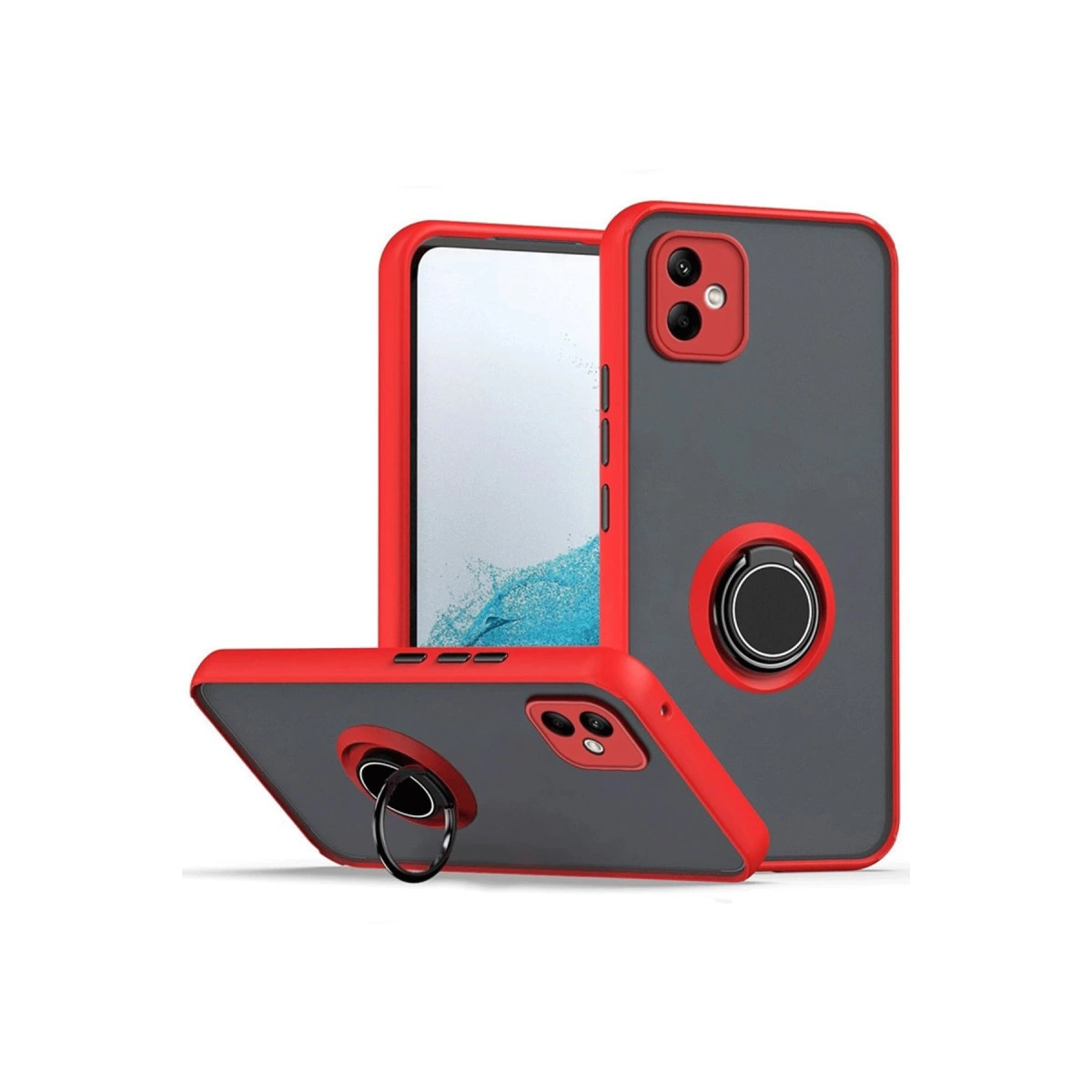 Kırmızı kenarlı ve halka tutuculu iki koyu gri telefon kılıfı.