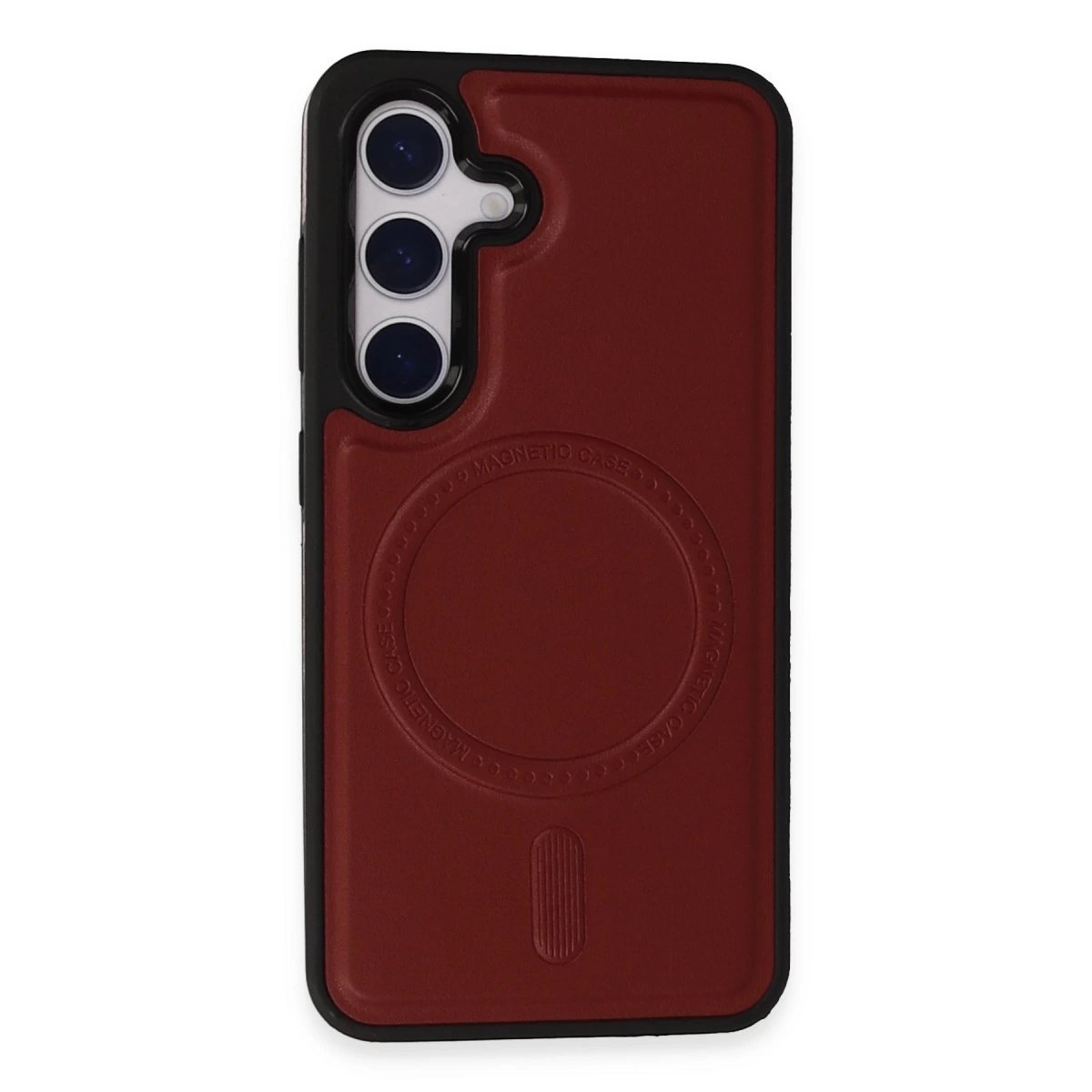 Üç kamera lensli ve manyetik halkalı koyu kırmızı telefon kılıfı.