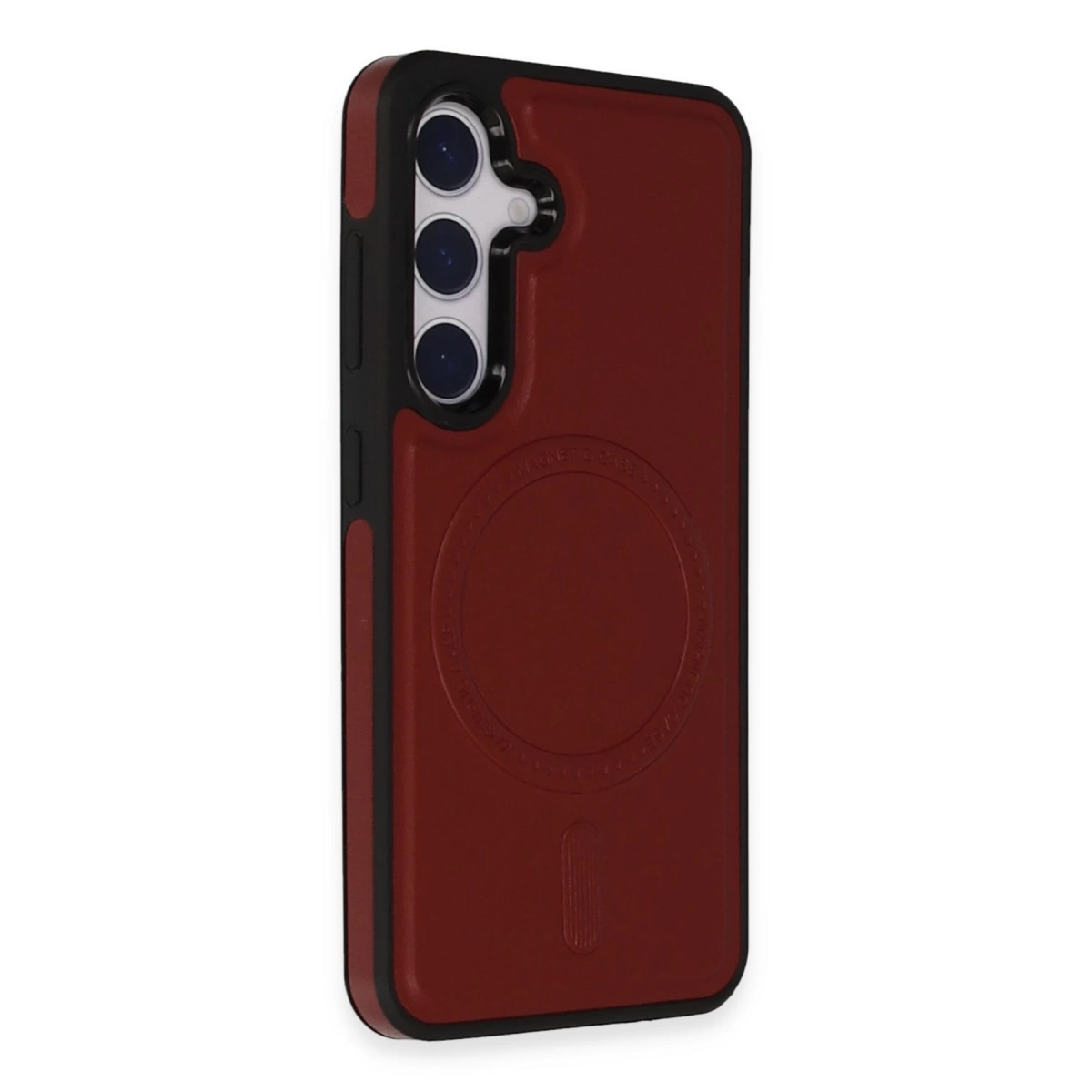 Siyah kenarlı ve kamera kesimli kırmızı telefon kılıfı.