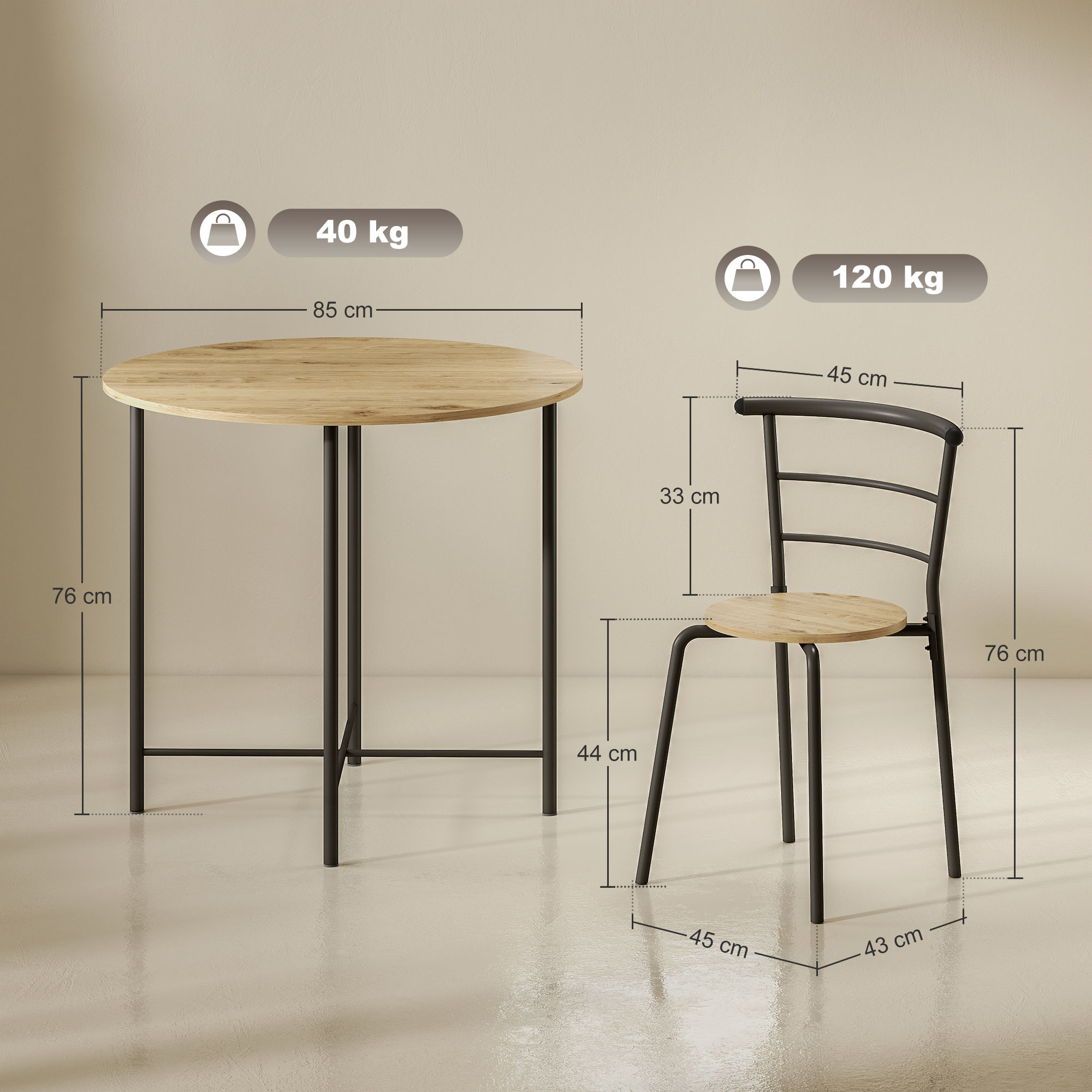 Una mesa redonda de madera (85cm ancho, 76cm alto, 40kg) y una silla (45cm ancho, 76cm alto, 120kg).