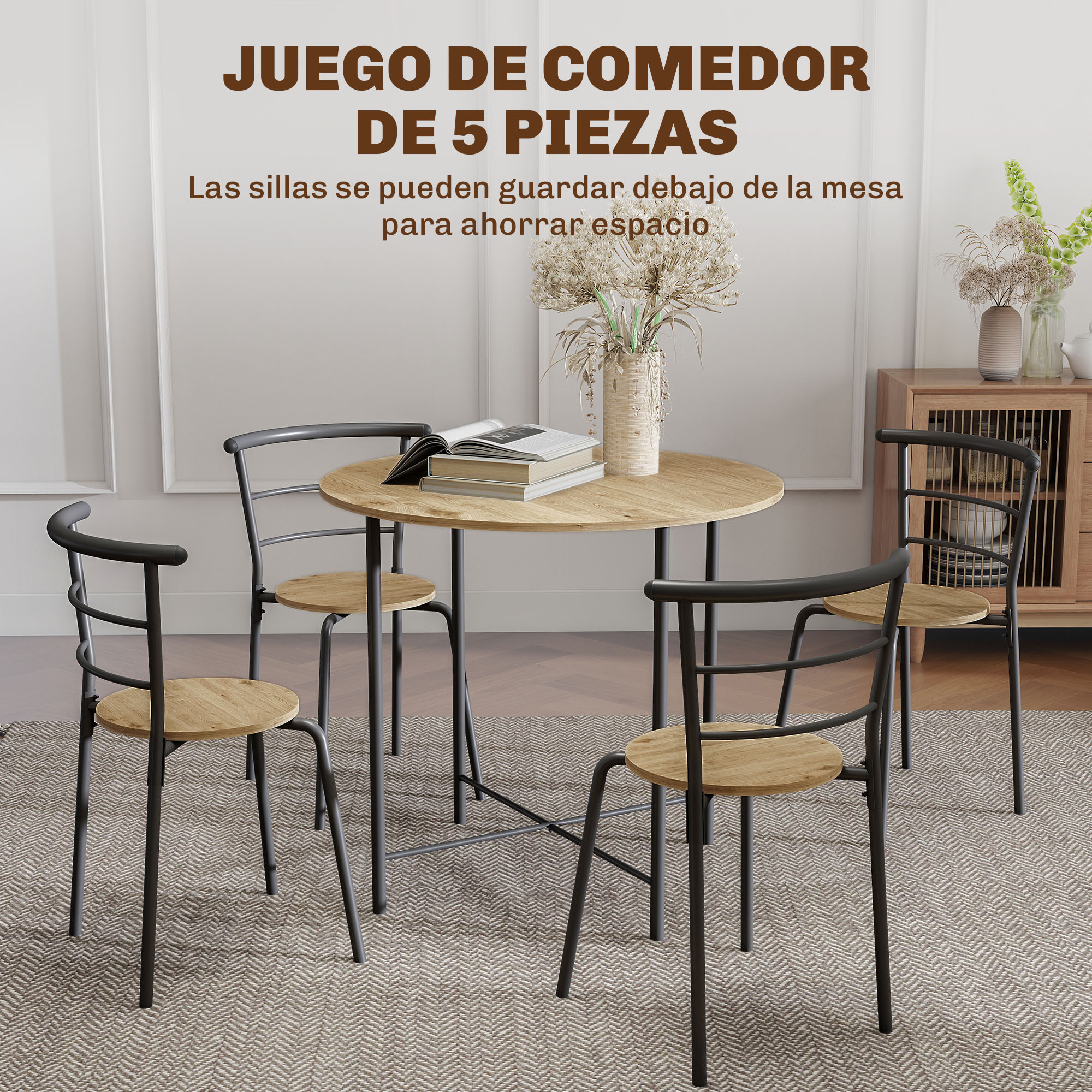 Una mesa redonda de madera con cuatro sillas negras con asiento de madera.