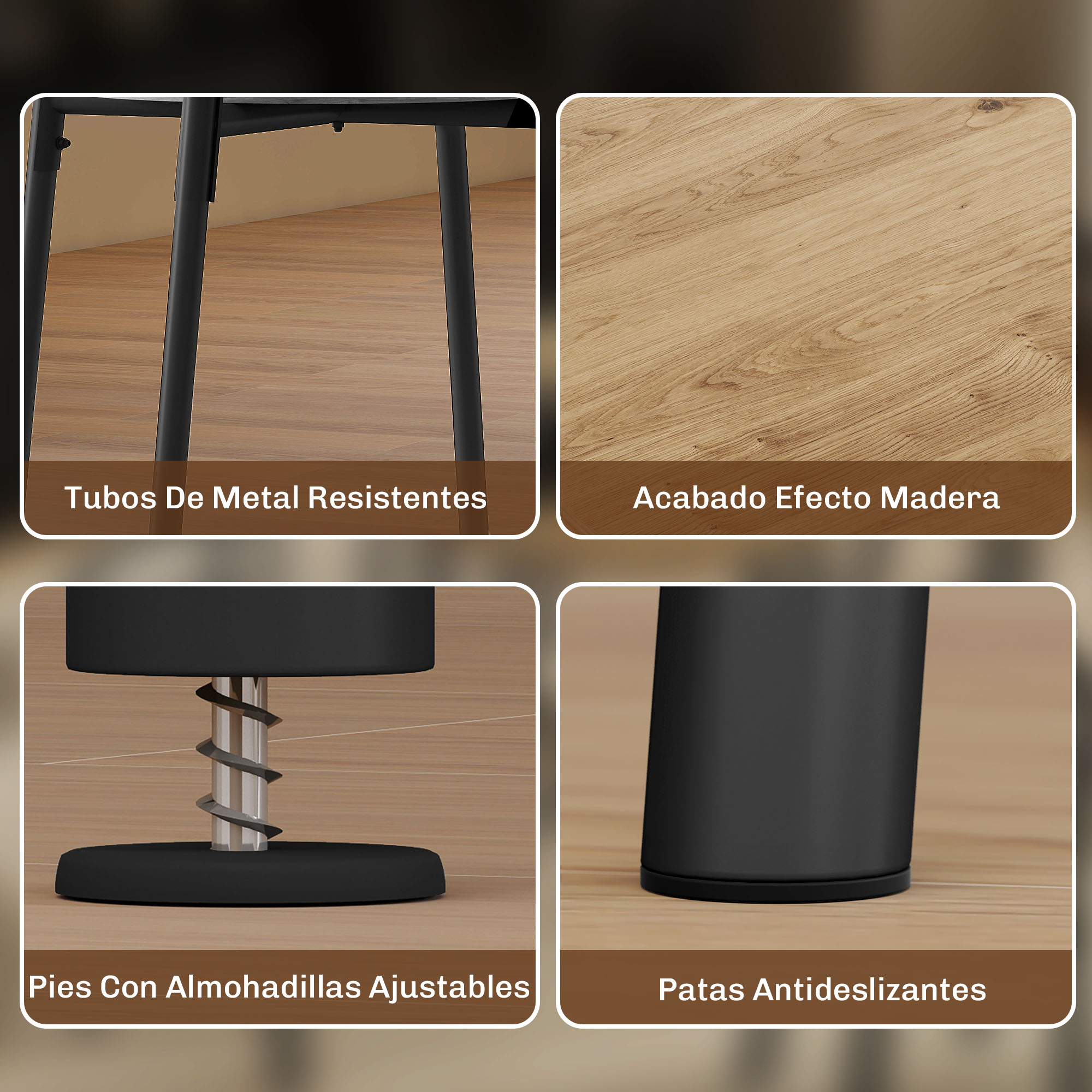 Cuatro primeros planos: patas metálicas, veta de madera, pie ajustable, pie antideslizante.