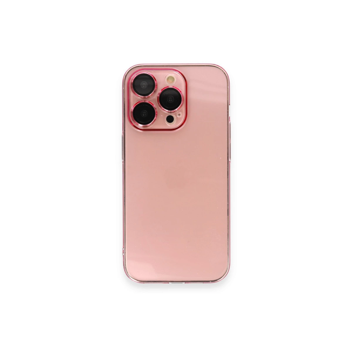 Beyaz arka plan üzerinde üç kamera lensli, gül altın rengi iPhone'un arkası.