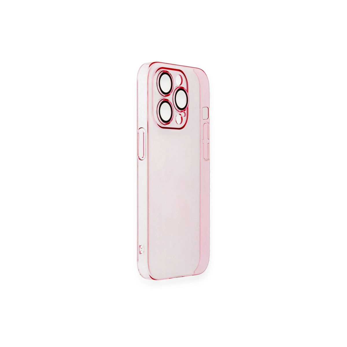 Beyaz arka plan üzerinde şeffaf pembe telefon kılıfı, kamera kesiği.