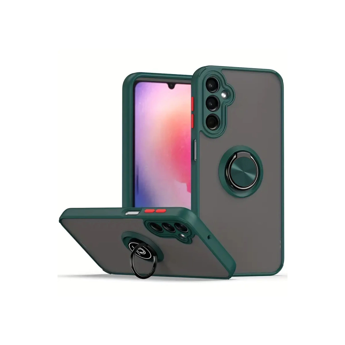 Halka tutuculu iki koyu yeşil telefon kılıfı beyaz arka planda.