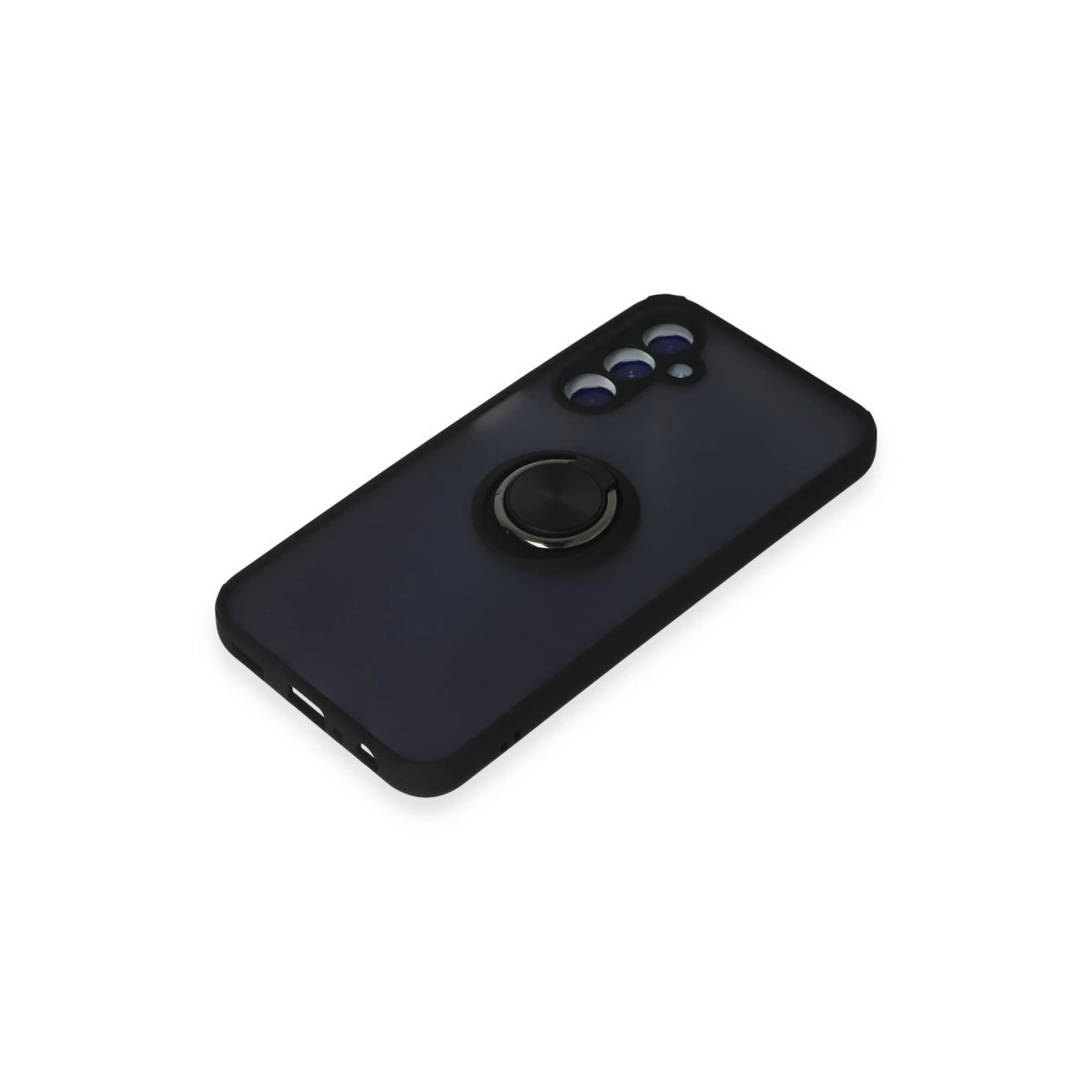 Halka tutuculu ve üç lensli koyu gri telefon kılıfı.