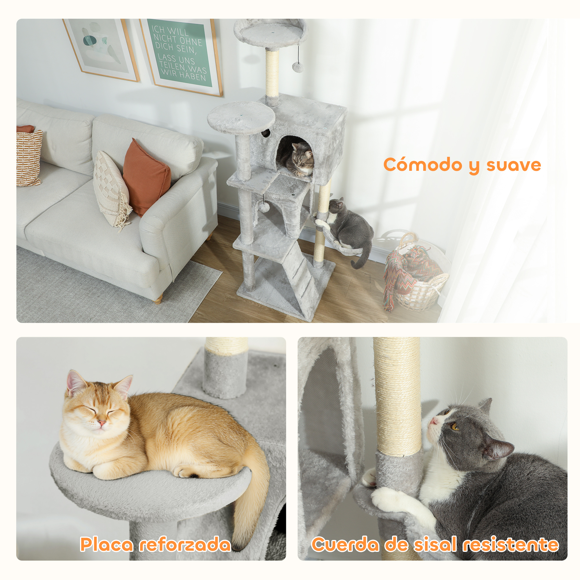 Dos gatos en un árbol para gatos en una sala de estar. Un gato descansa arriba, otro juega abajo.