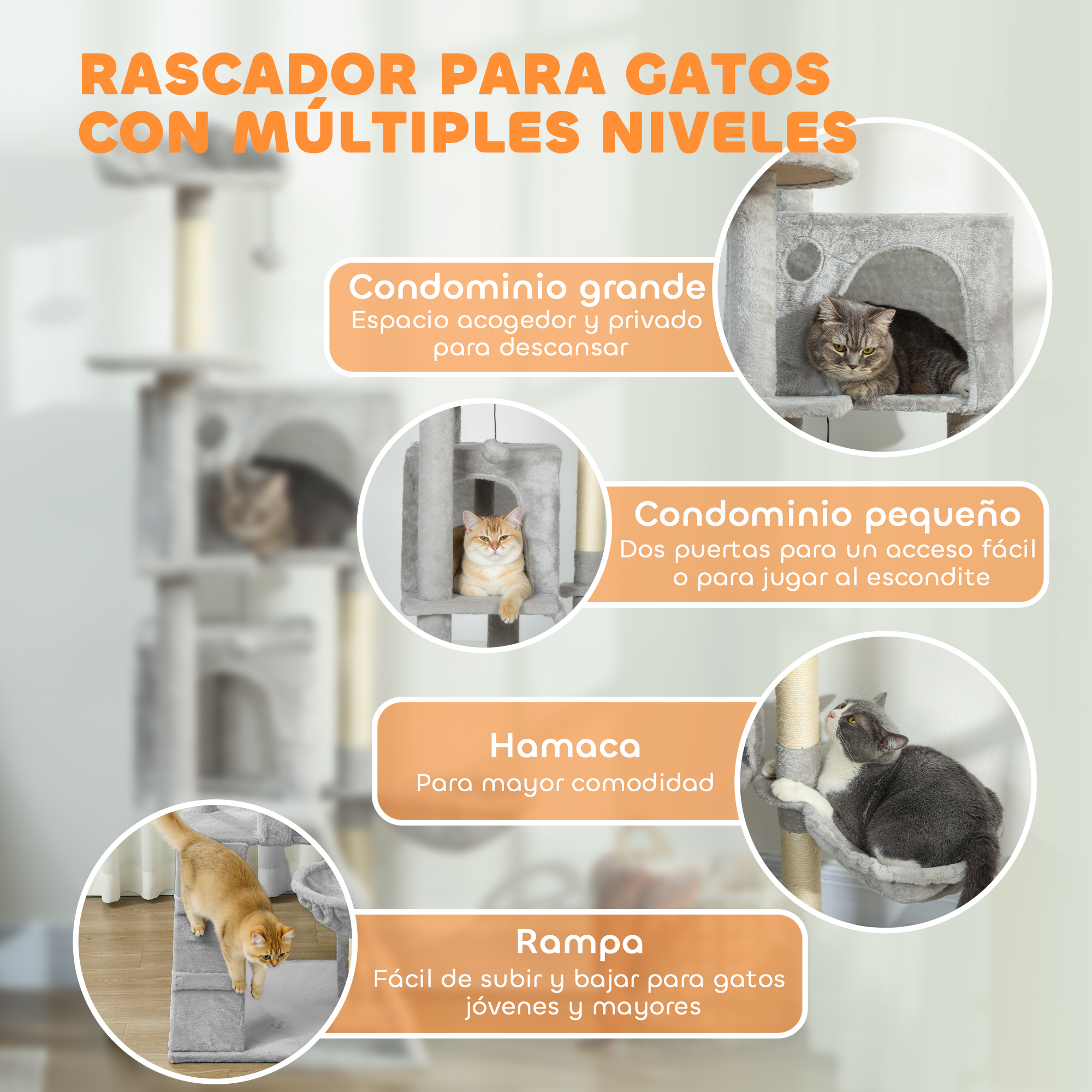 Árbol rascador para gatos de varios niveles con gatos.