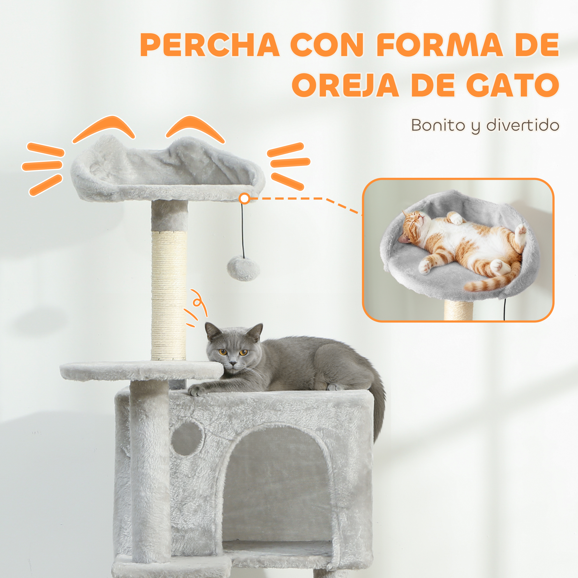 Árbol rascador gris con dos gatos, uno en el suelo, uno durmiendo.