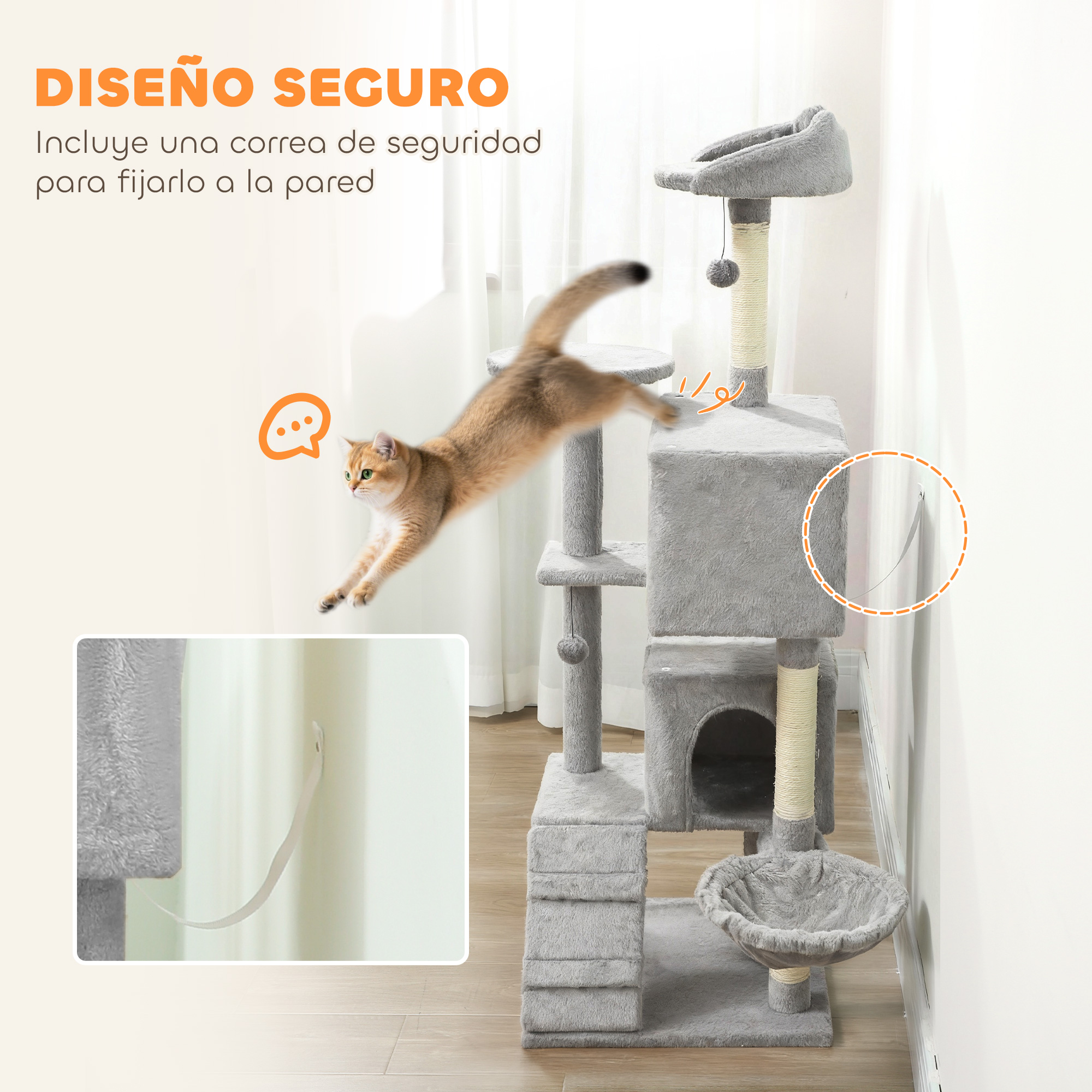 Un gato salta sobre un rascador gris de varios niveles con una cesta.