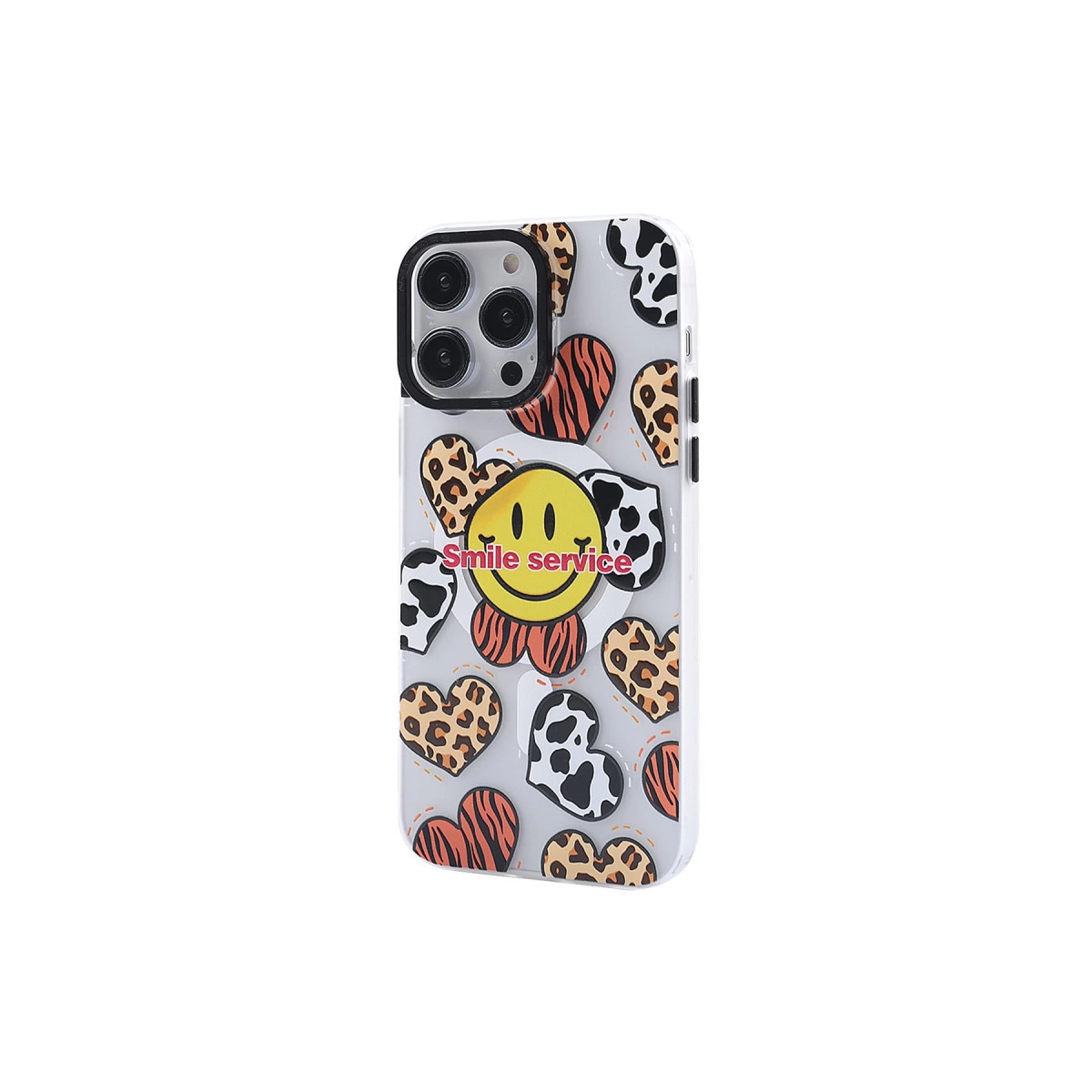 İnek, kaplan ve leopar desenli gülen yüzlü ve kalpli iPhone kılıfı.
