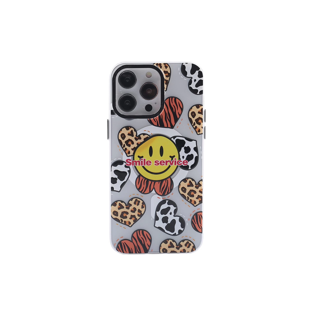 Smiley yüzlü ve hayvan desenli kalpli iPhone kılıfı.