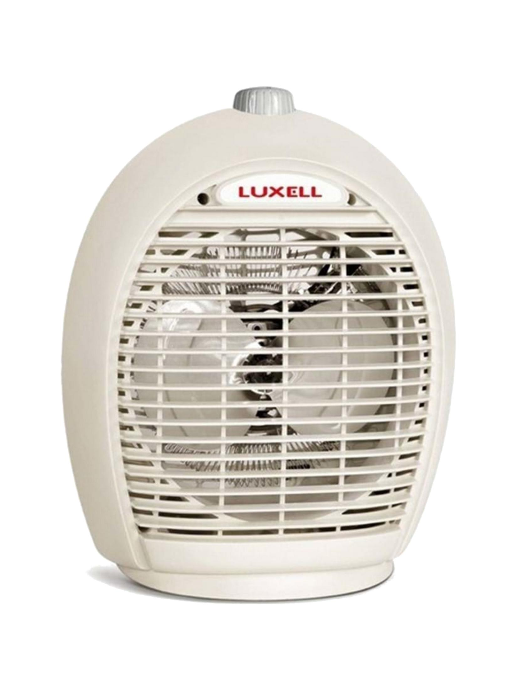 Bıçakları ve Luxell logosu görünen küçük beyaz bir vantilatör.
