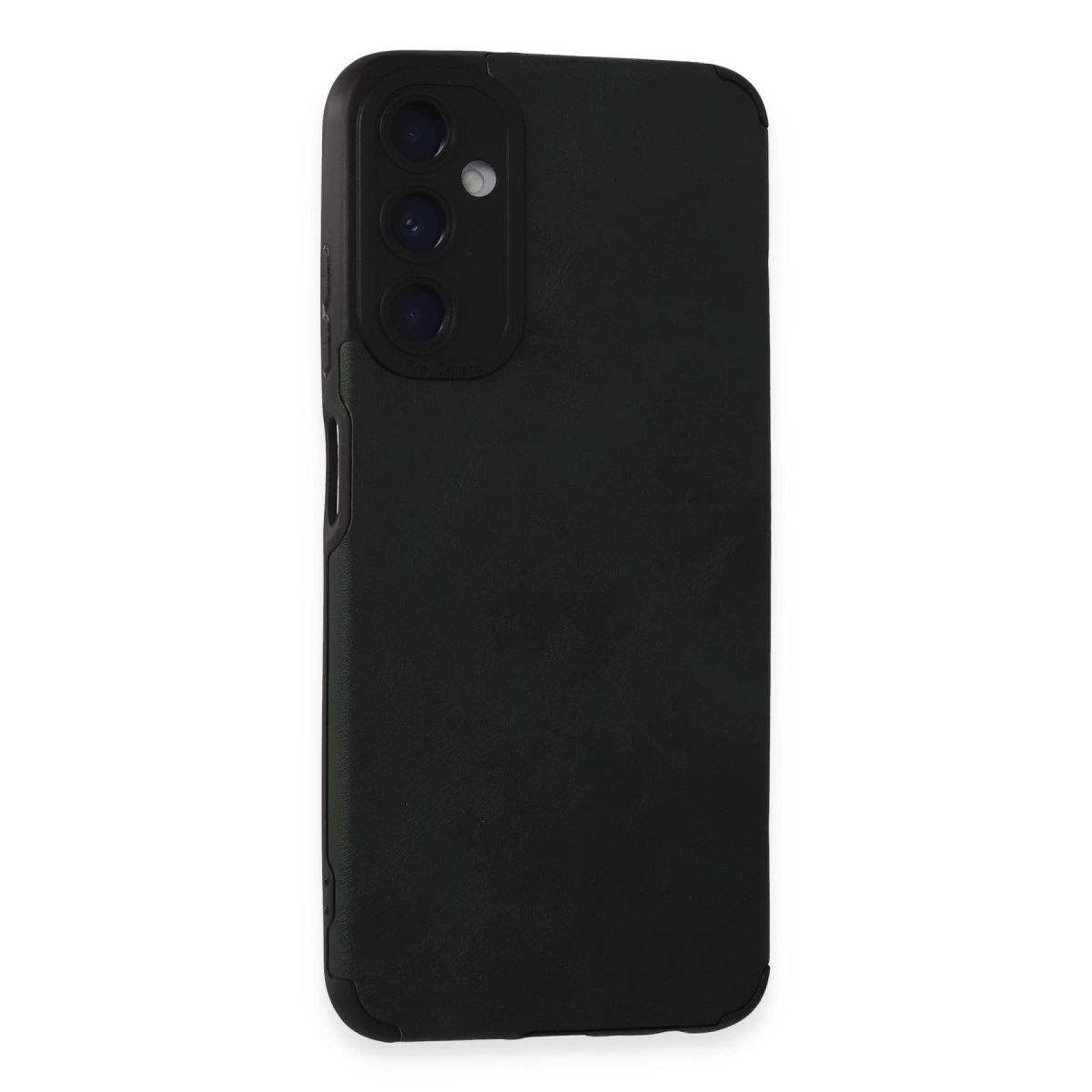 Üçlü kamera kesimli koyu yeşil telefon kılıfı, beyaz arka plan üzerinde.