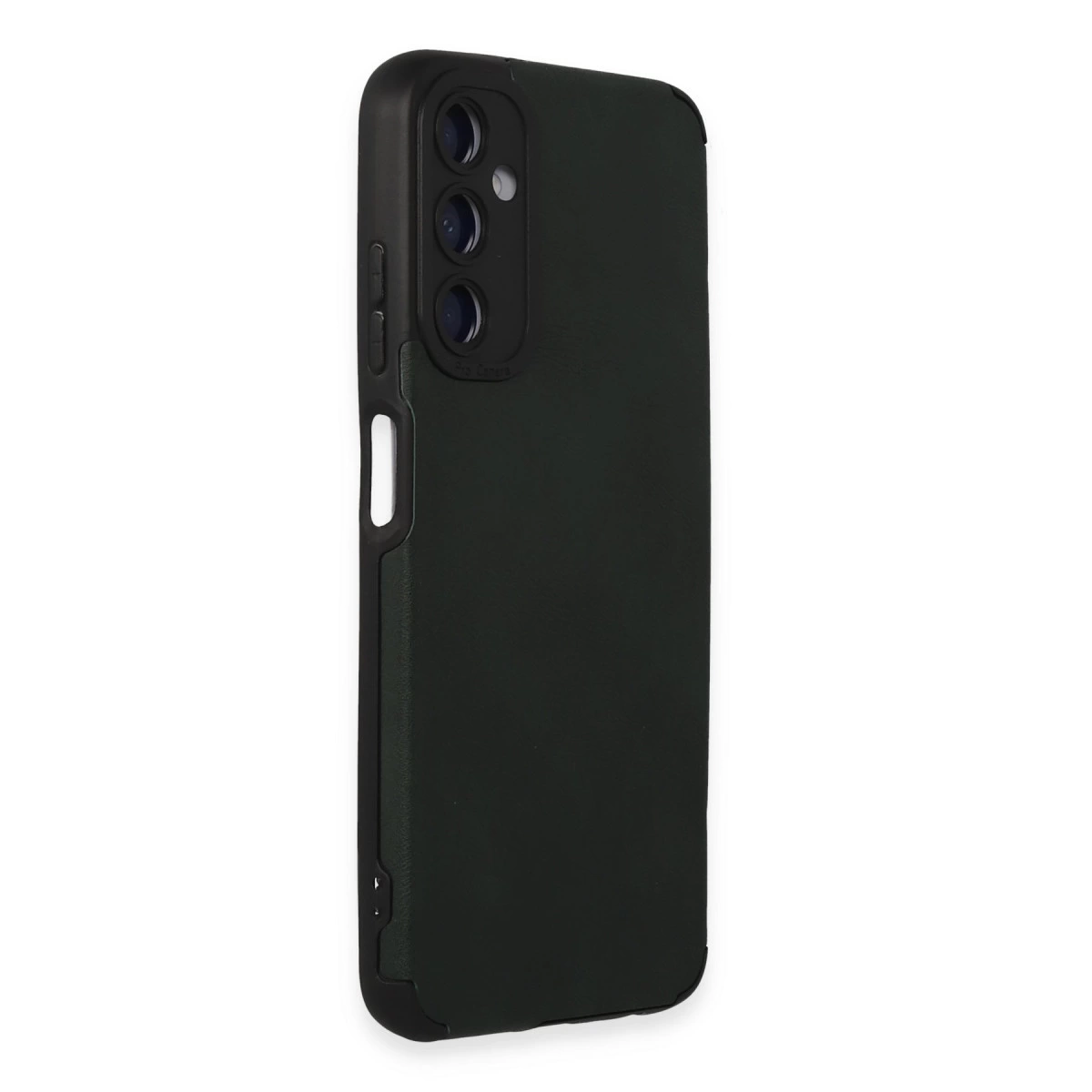 Arkada üç kamera lensli koyu yeşil telefon kılıfı.
