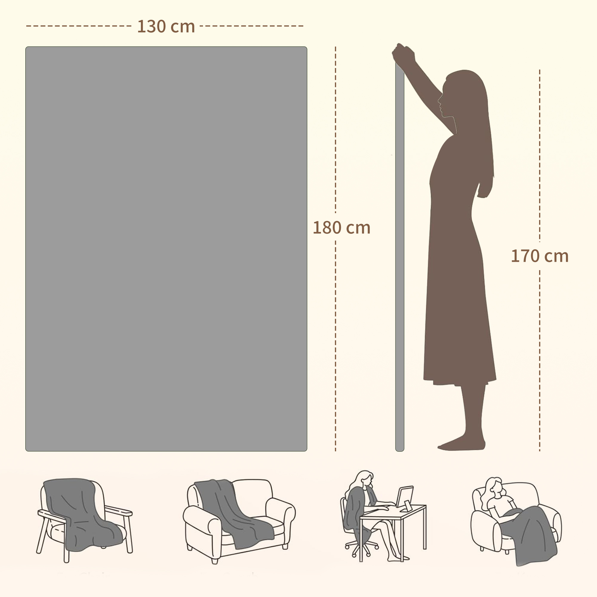Manta gris de 130x180 cm junto a una mujer de 170 cm.