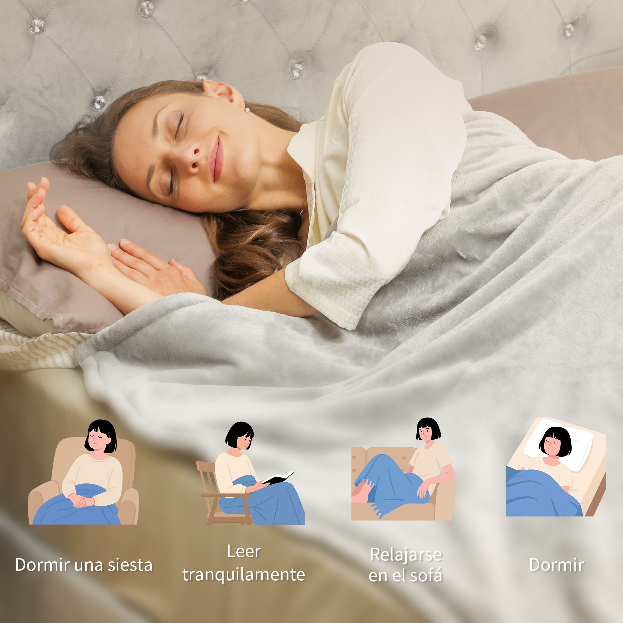 Mujer durmiendo en cama, escenas pequeñas de siesta, lectura, relajación en sofá, dormir.