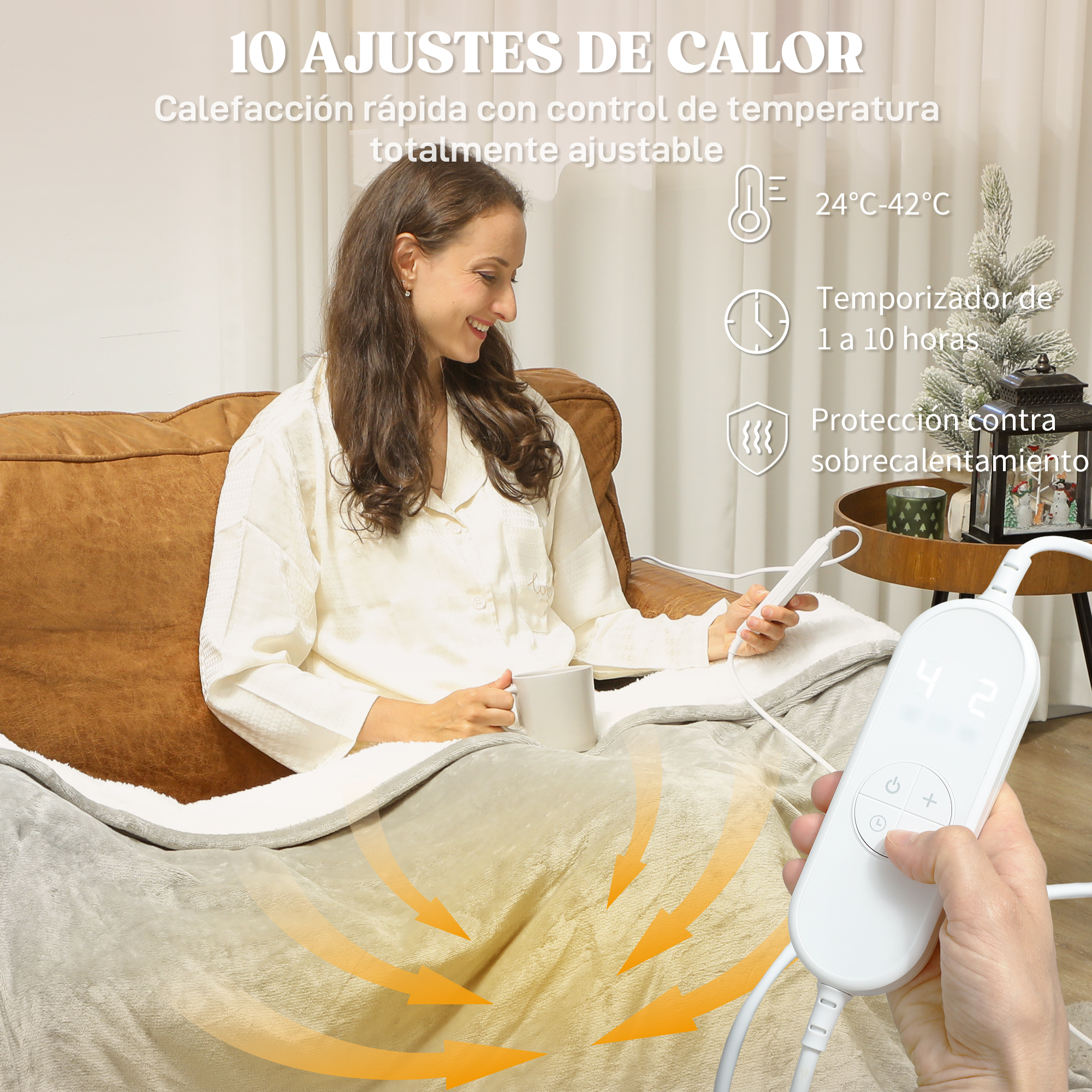 Una mujer sentada en un sofá, con una taza, cubierta por una manta. Con ajustes de calor.