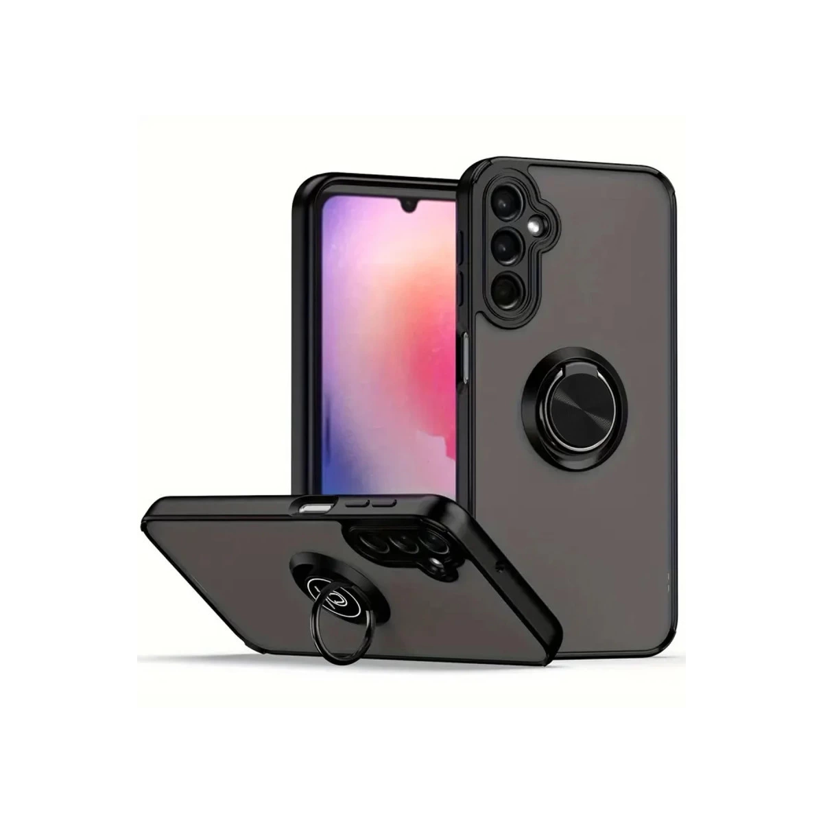 Beyaz arka plan üzerinde halka tutuculu iki siyah telefon kılıfı.