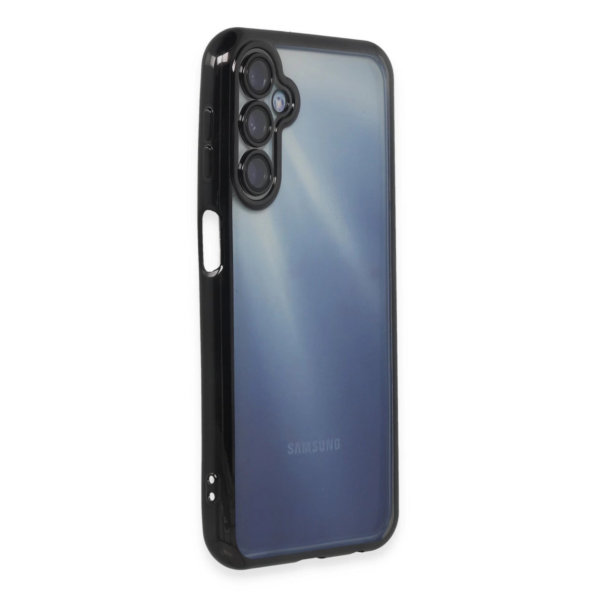 Şeffaf arka ve kamera kesimli siyah telefon kılıfı.