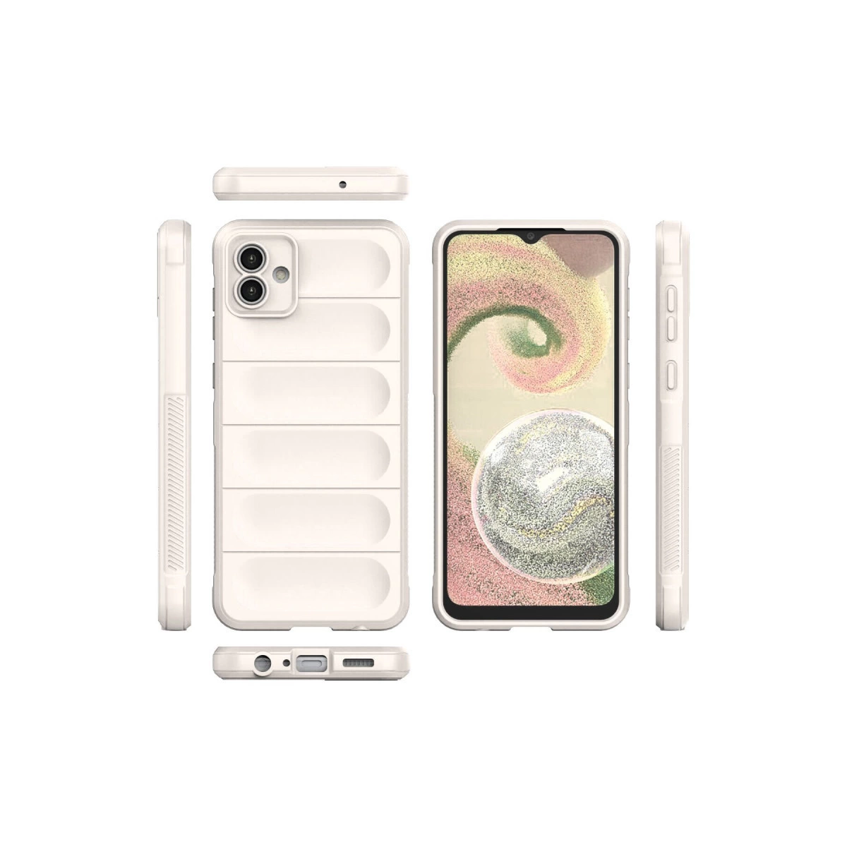 Kanallı dokuya sahip beyaz telefon kılıfı, içinde telefonla birlikte beyaz zeminde.
