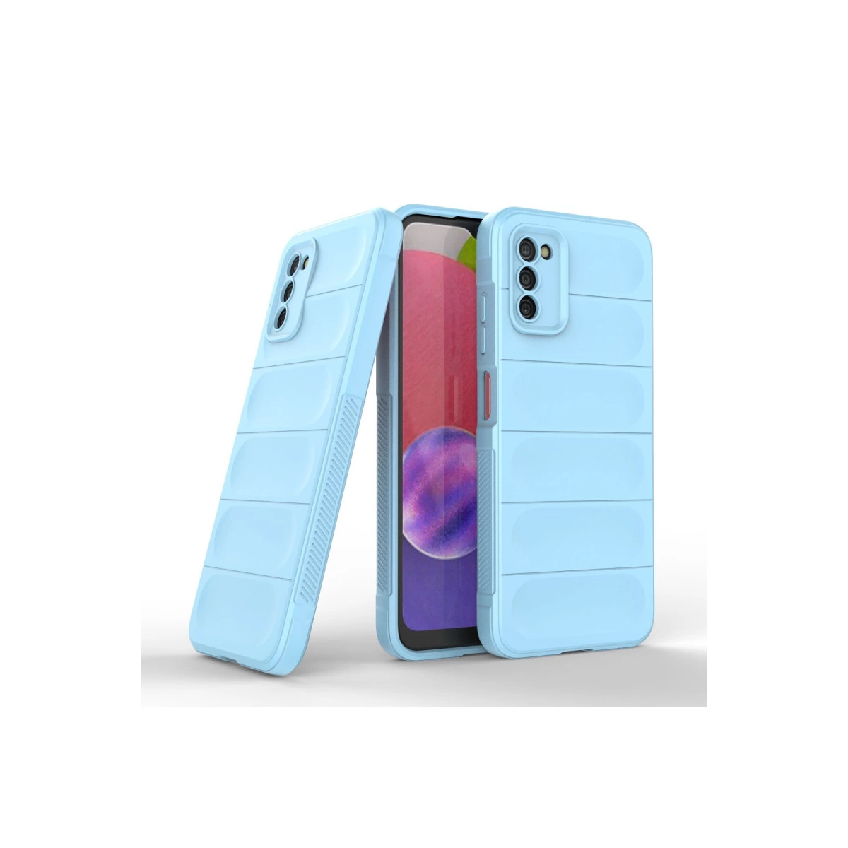 Yatay çıkıntılı iki açık mavi telefon kılıfı yan yana duruyor.