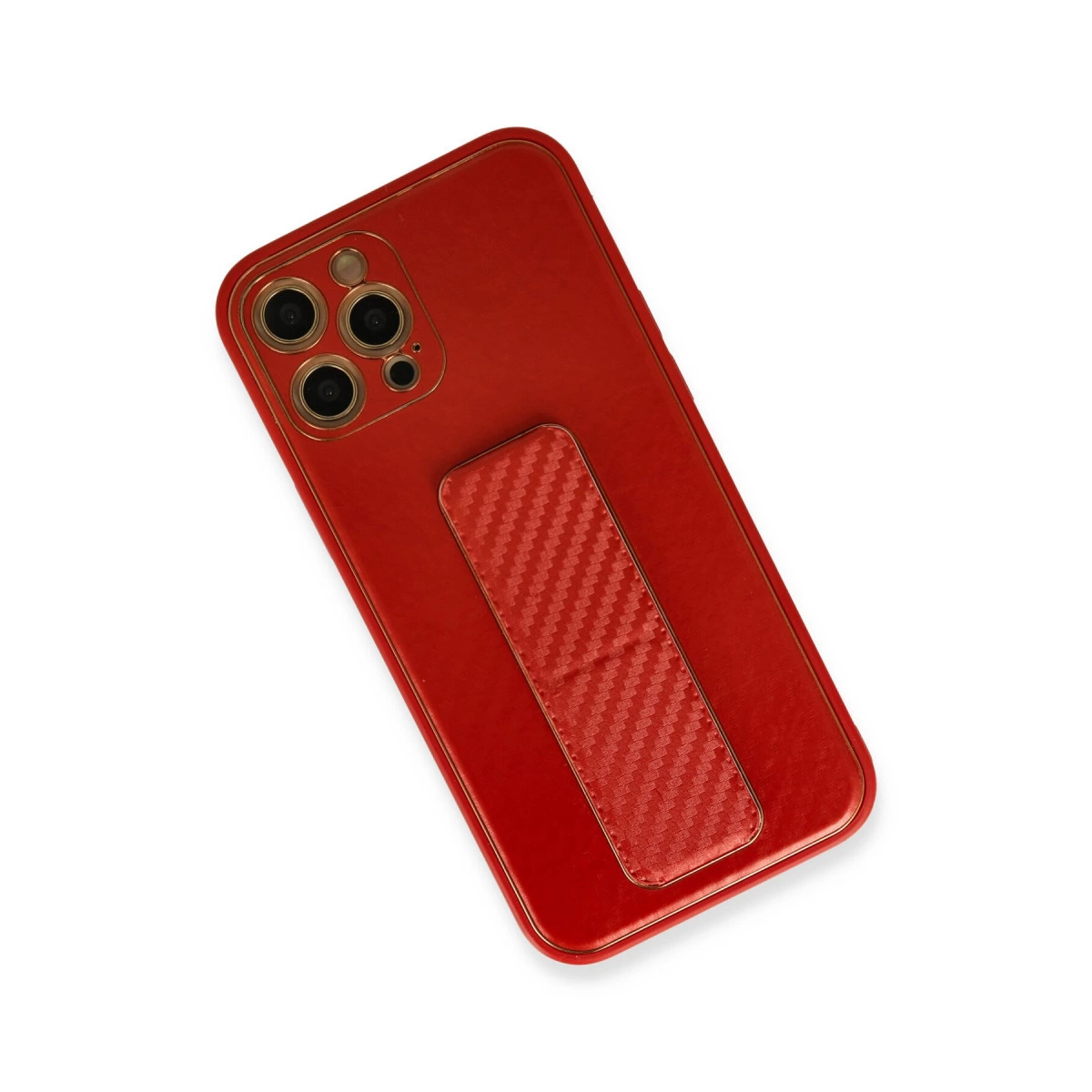 Kamera modülü ve entegre tutma yeri olan kırmızı telefon kılıfı.