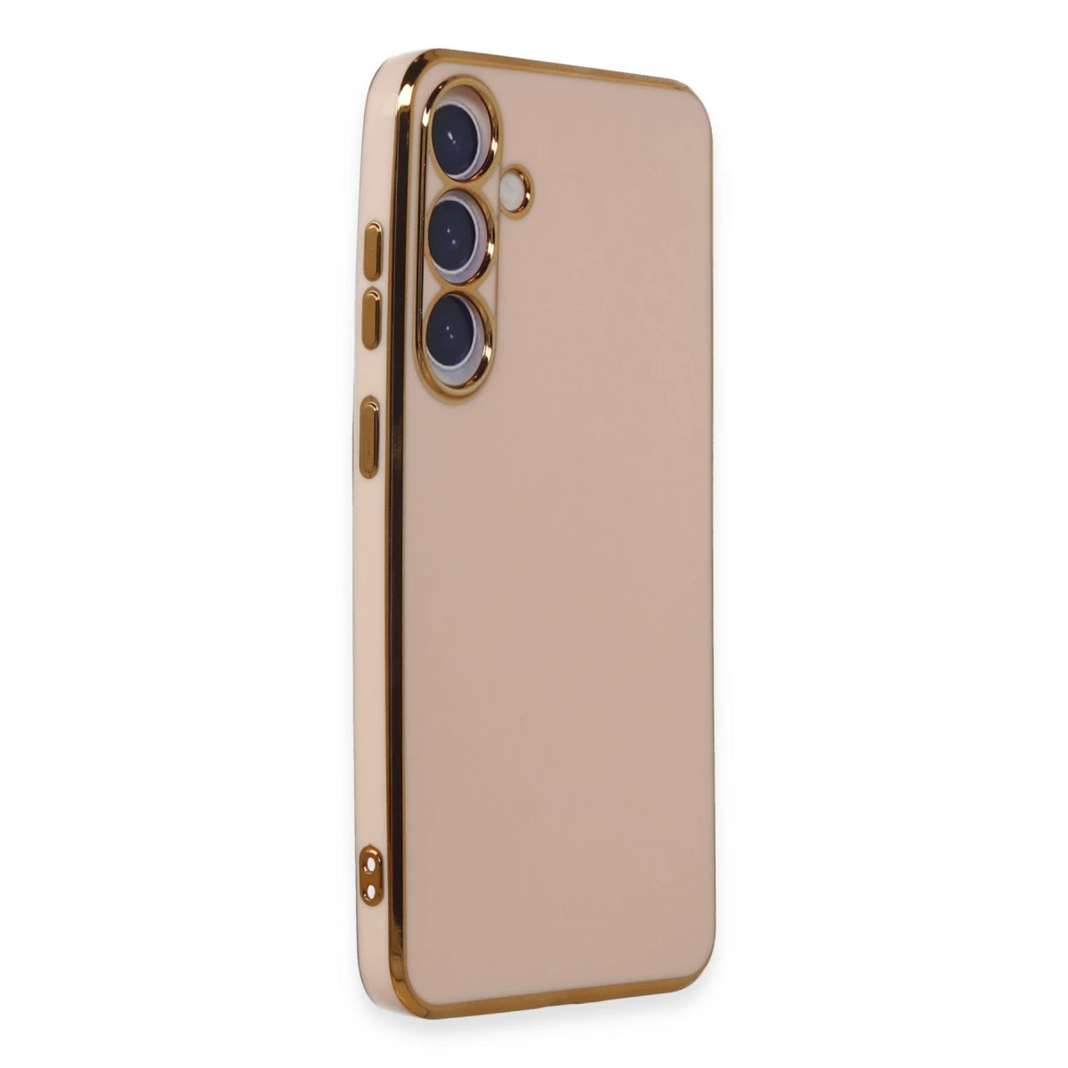 Üç kamera lensi ve altın çerçeveli, rose gold renkli telefon kılıfı.