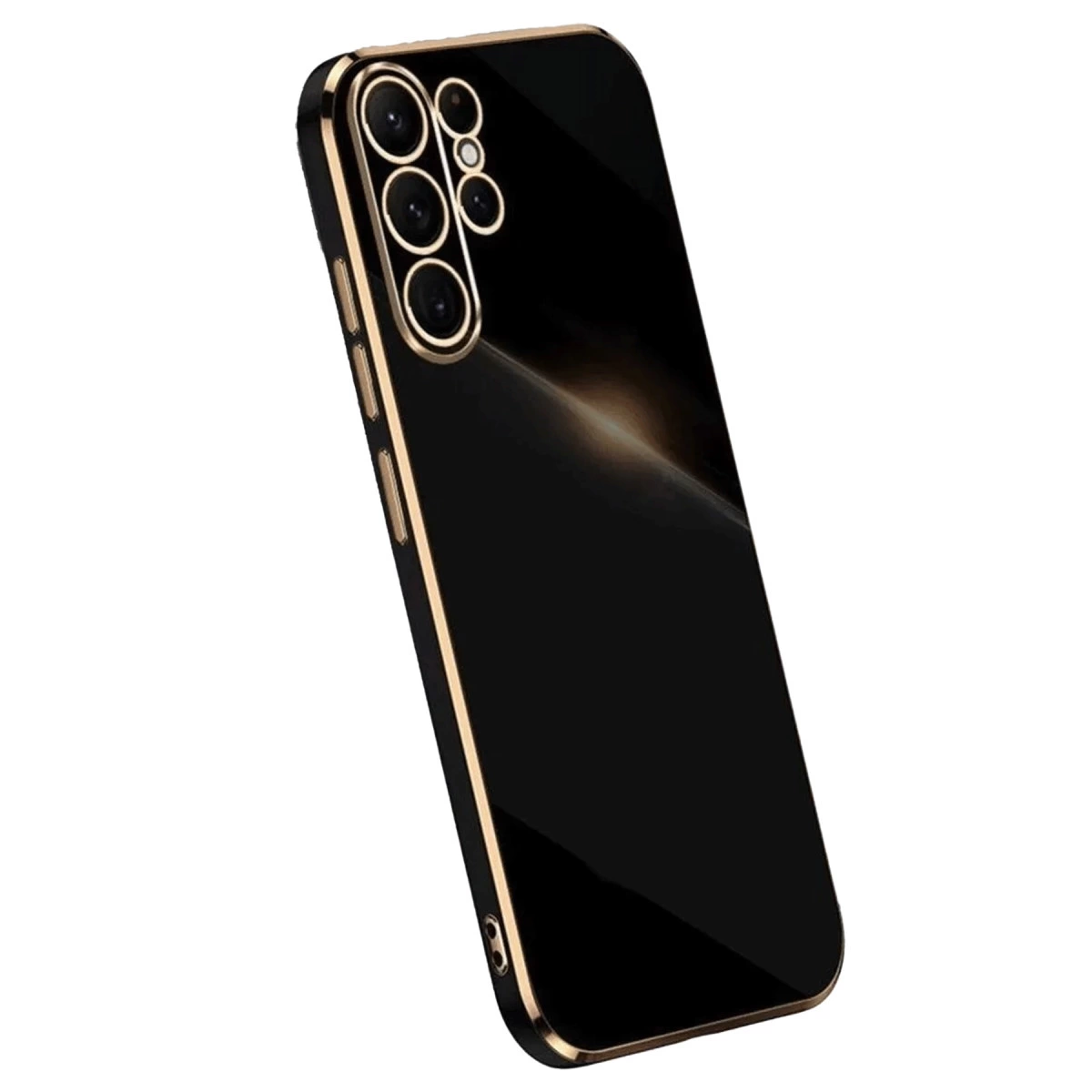 Altın çerçeveli ve kamera kesimli siyah telefon kılıfı.