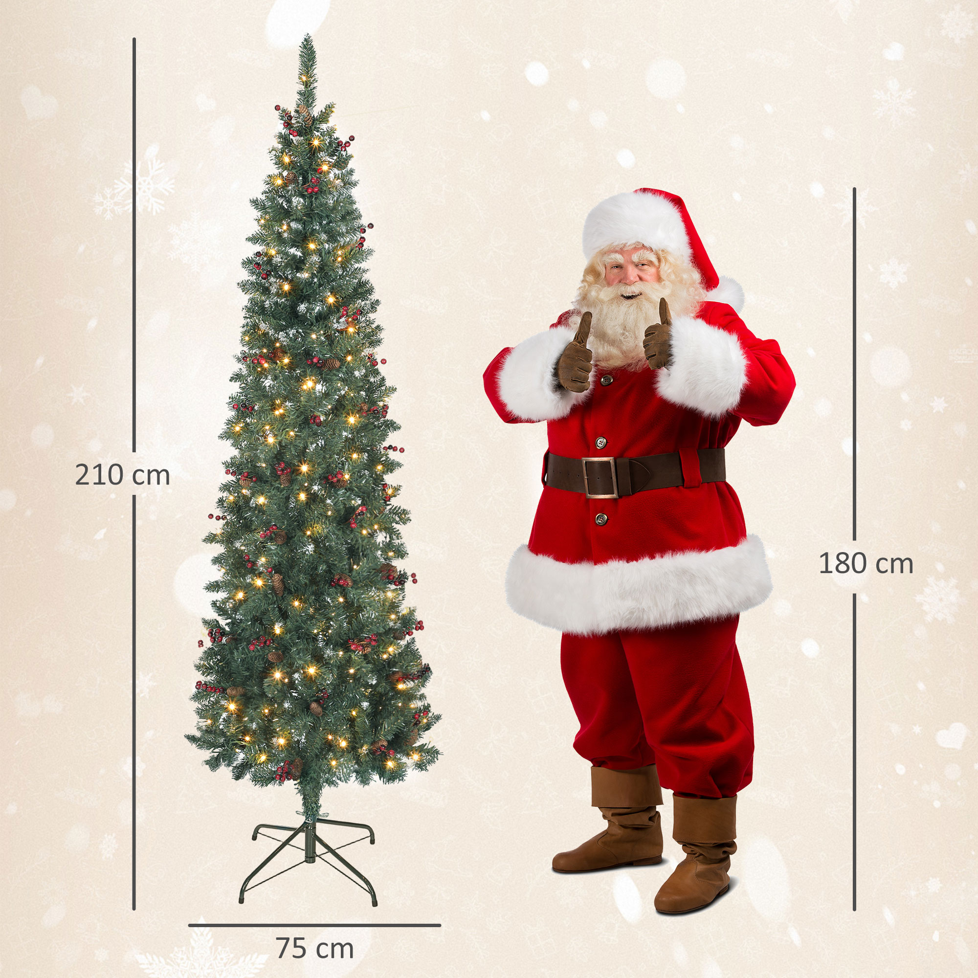 Un árbol de Navidad decorado junto a un Papá Noel con el pulgar hacia arriba.