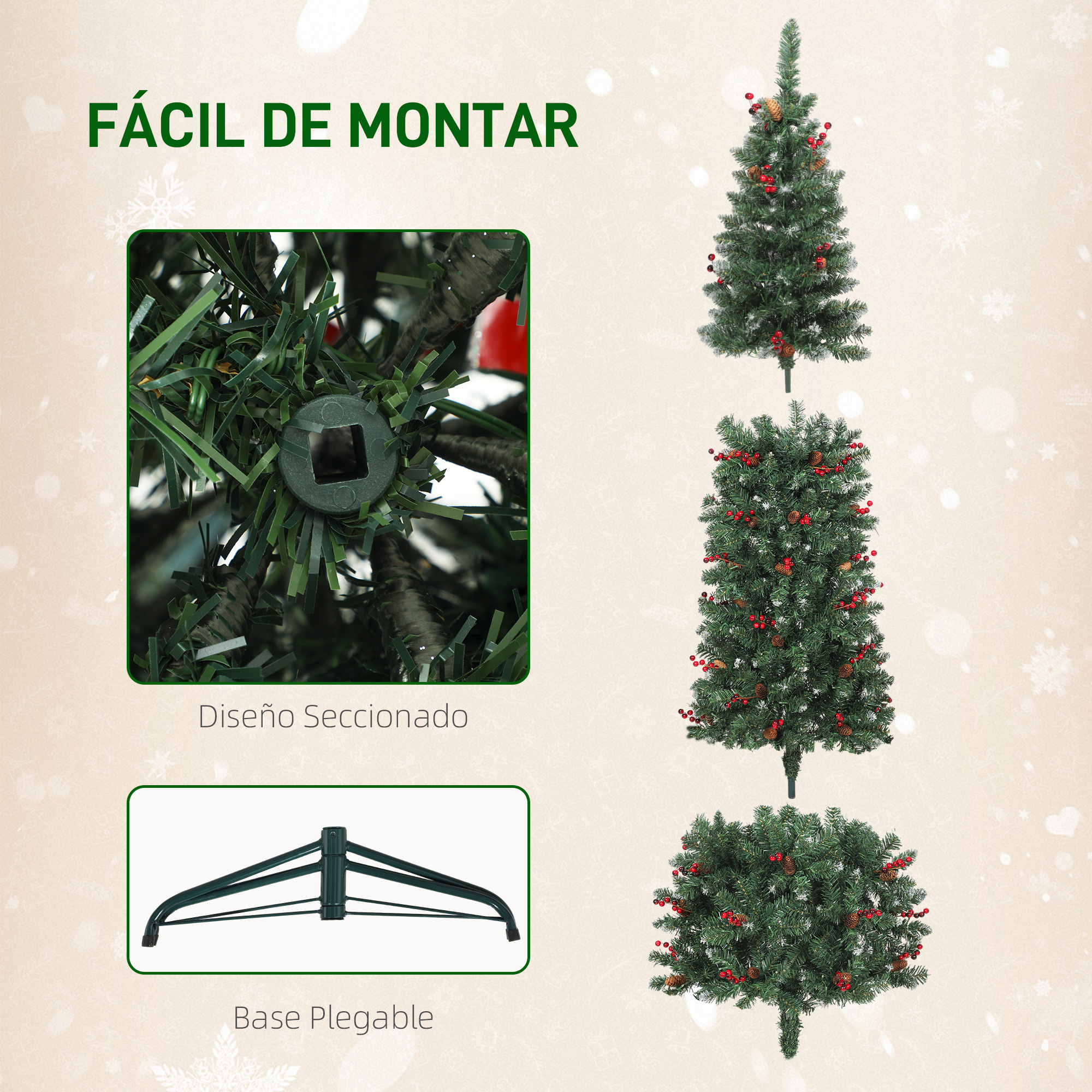 Un árbol de Navidad artificial con bayas rojas y piñas, más detalles de montaje.