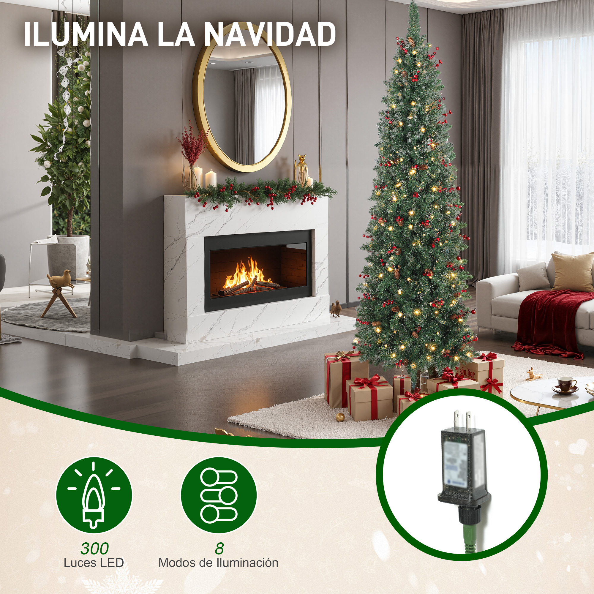 Un árbol de Navidad con luces, regalos y chimenea.