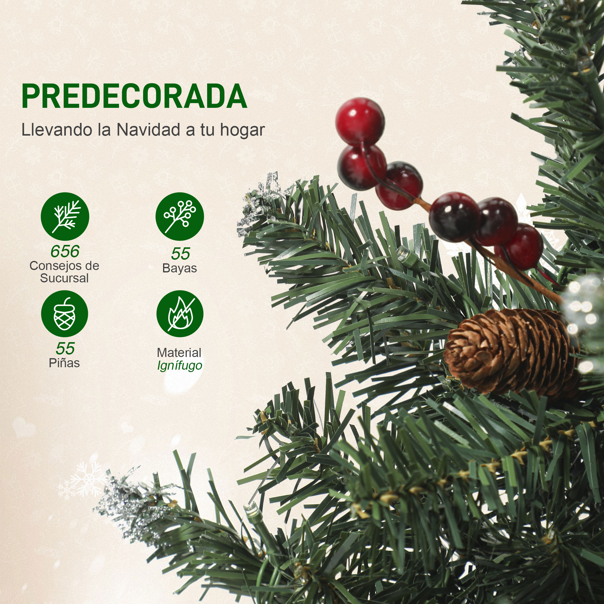 Árbol de Navidad verde con bayas rojas, piña y copos de nieve.