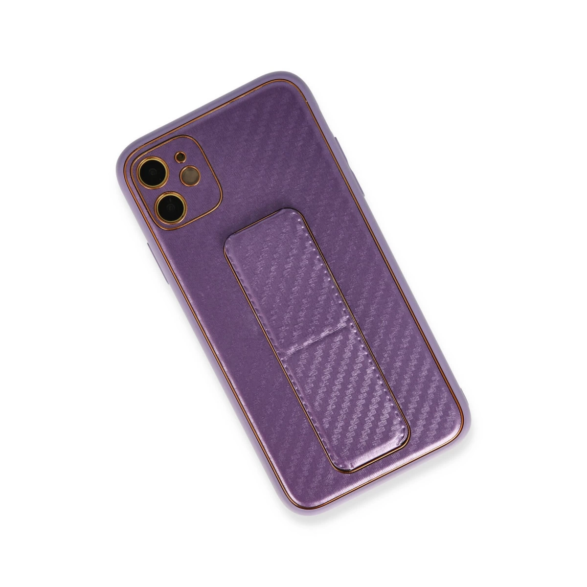 Yerleşik stantlı ve kamera korumalı mor telefon kılıfı.