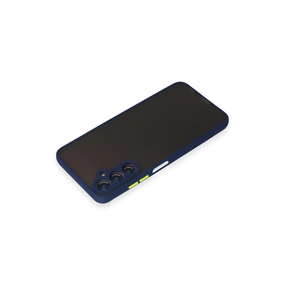 Koyu mavi telefon kılıfı, koyu ekran ve üç kamera.