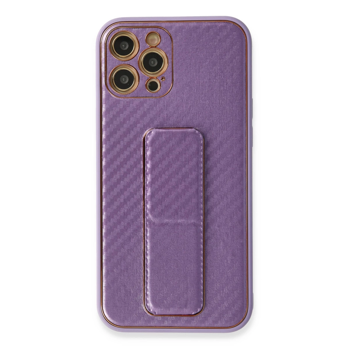 Kamera kesimli ve stantlı mor telefon kılıfı.