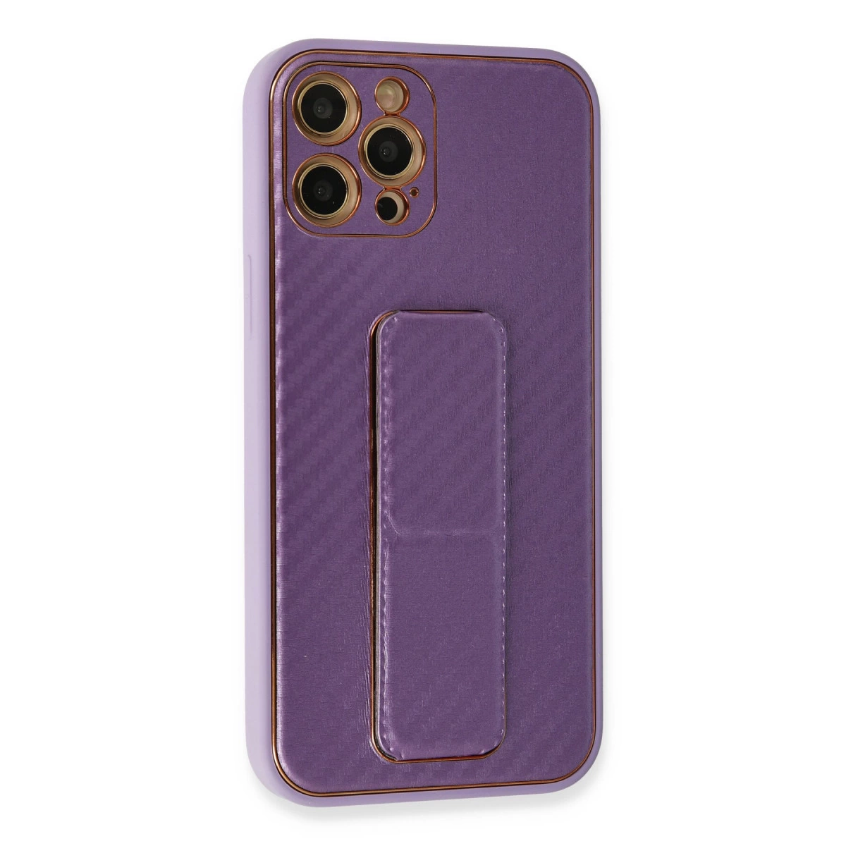 Dört kamera lensli ve entegre stantlı mor telefon kılıfı.